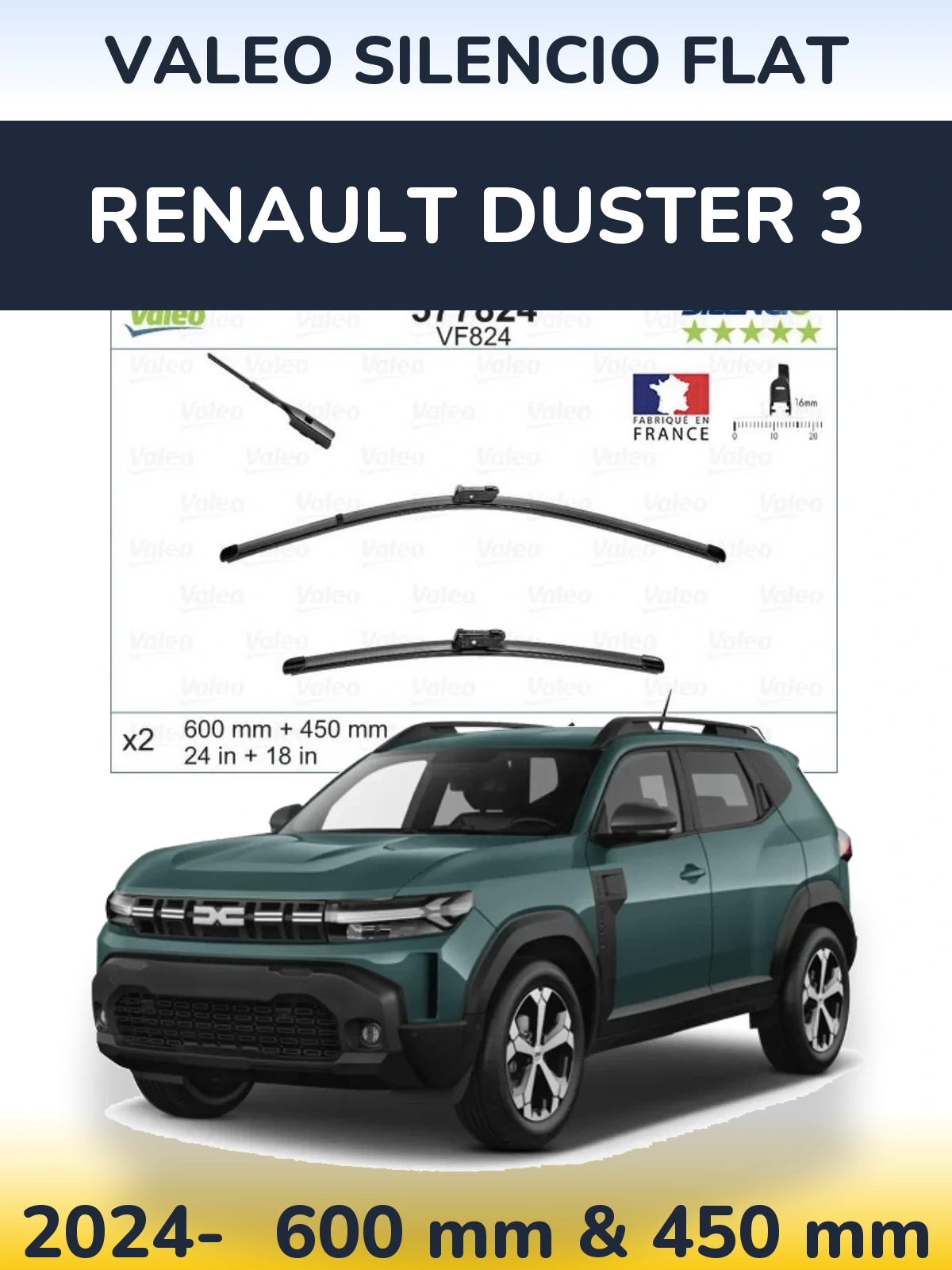 Front wiper blade set Valeo Silencio Flat 600 & 450 mm for Renault Duster 3 2024-2026