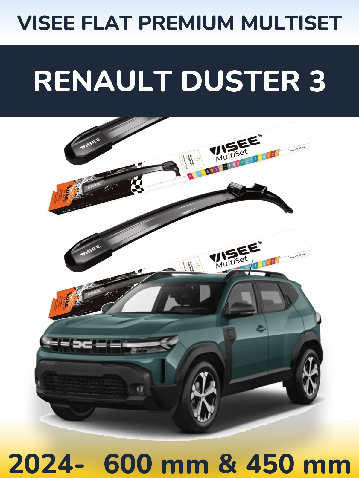 Комплект передніх щіток VISEE FLAT PREMIUM MultiSet 600 & 450 мм для Renault Duster 3 2024-2026