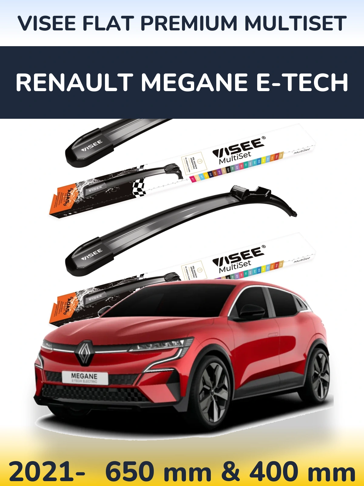 Комплект передніх щіток VISEE FLAT PREMIUM MultiSet 650 & 400 мм для Renault Megane E-Tech 2021-2026