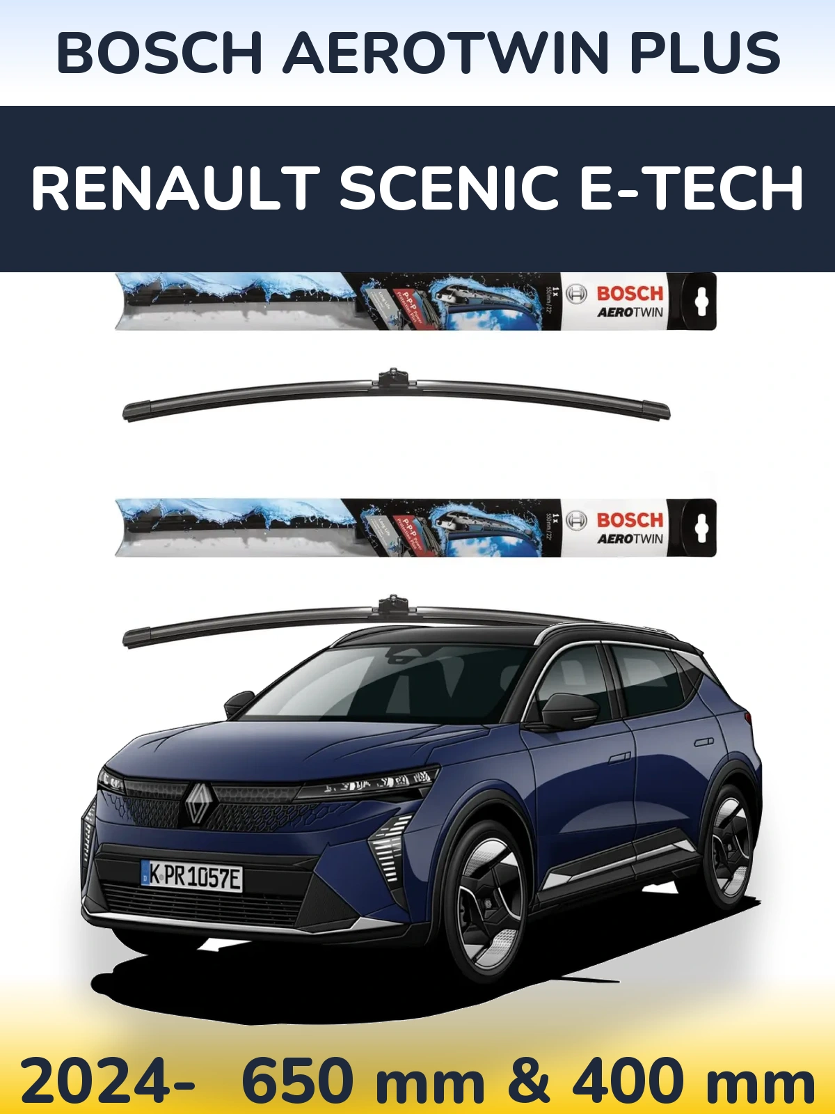 Front wiper blade set BOSCH AeroTwin Plus 650 & 400 mm for Renault Scenic E-Tech 2024-2026