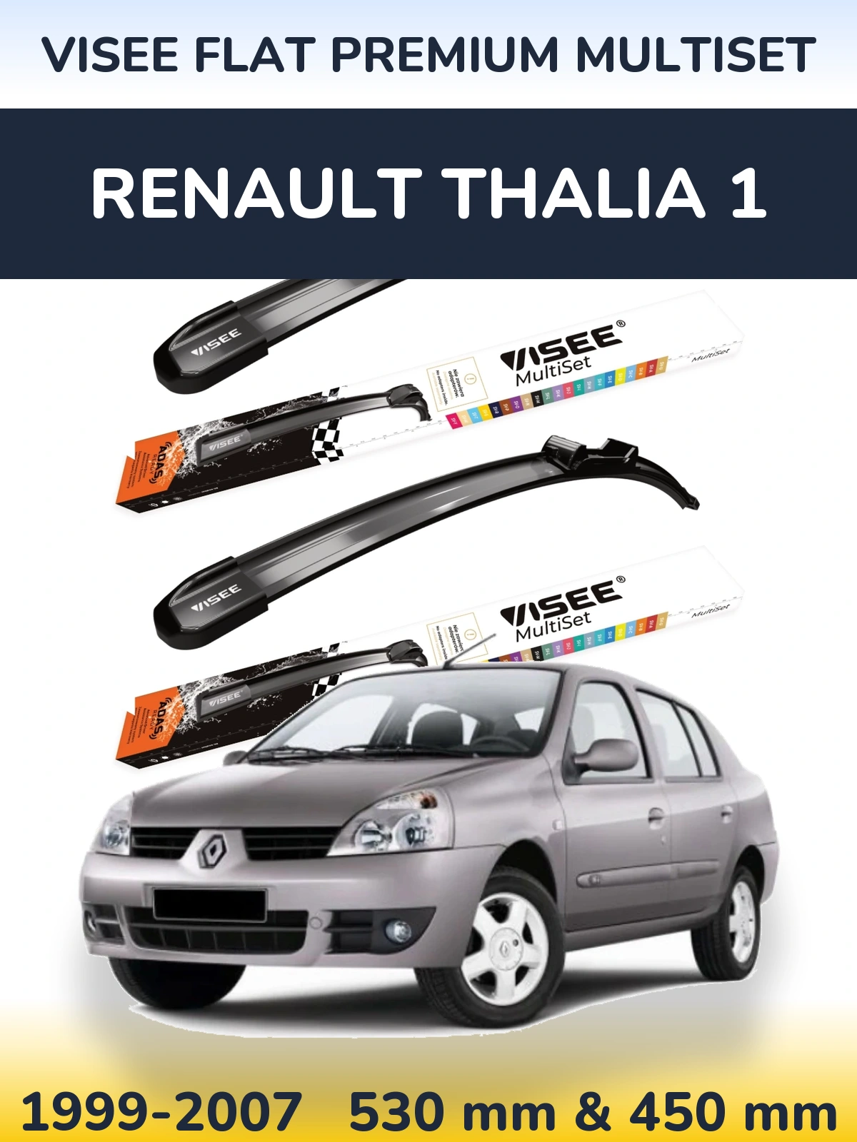 Front wiper blade set VISEE FLAT PREMIUM MultiSet 530 & 450 mm for Renault Thalia 1 1999-2007