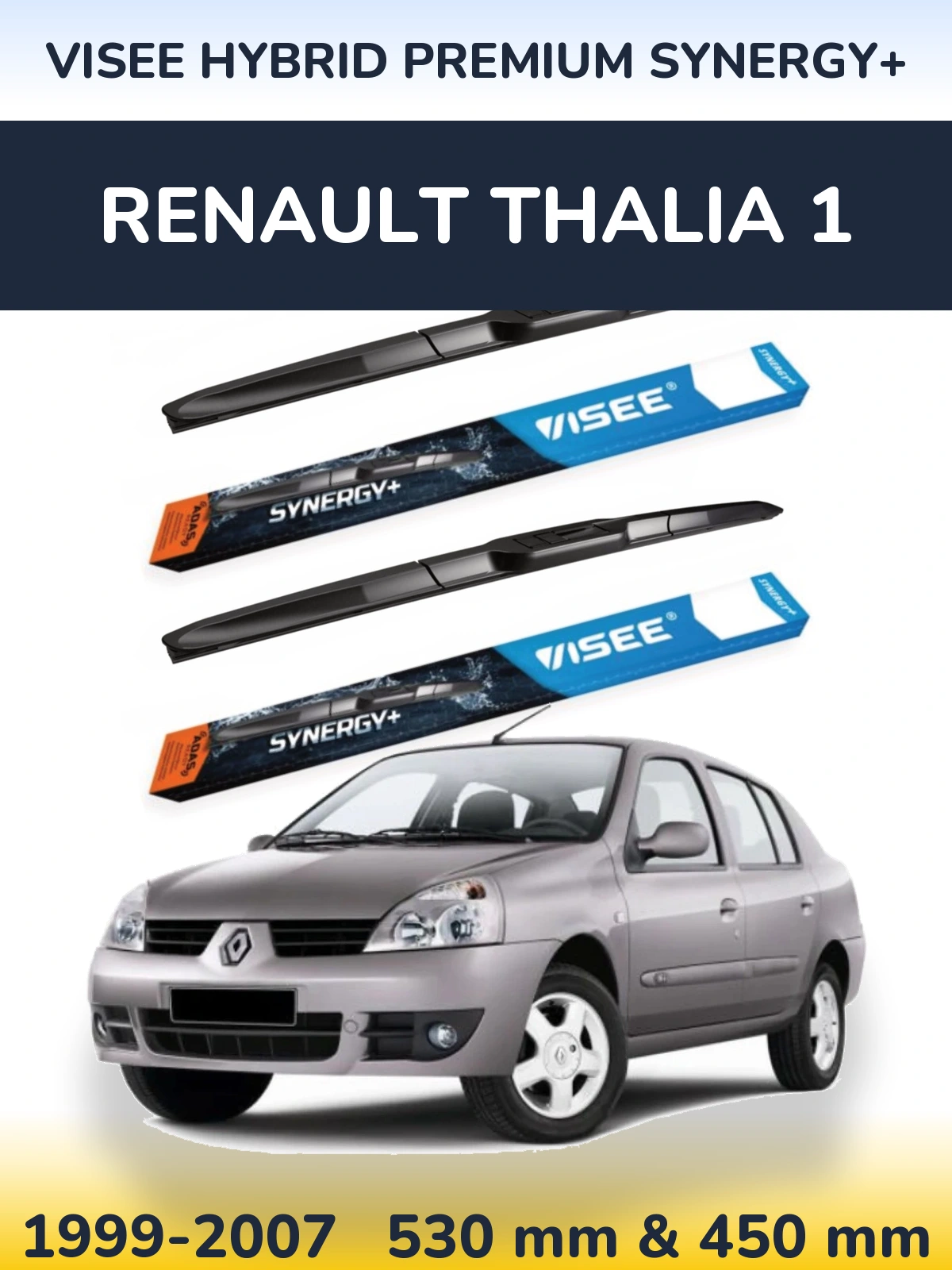 Front wiper blade set VISEE HYBRID PREMIUM SYNERGY+ 530 & 450 mm for Renault Thalia 1 1999-2007