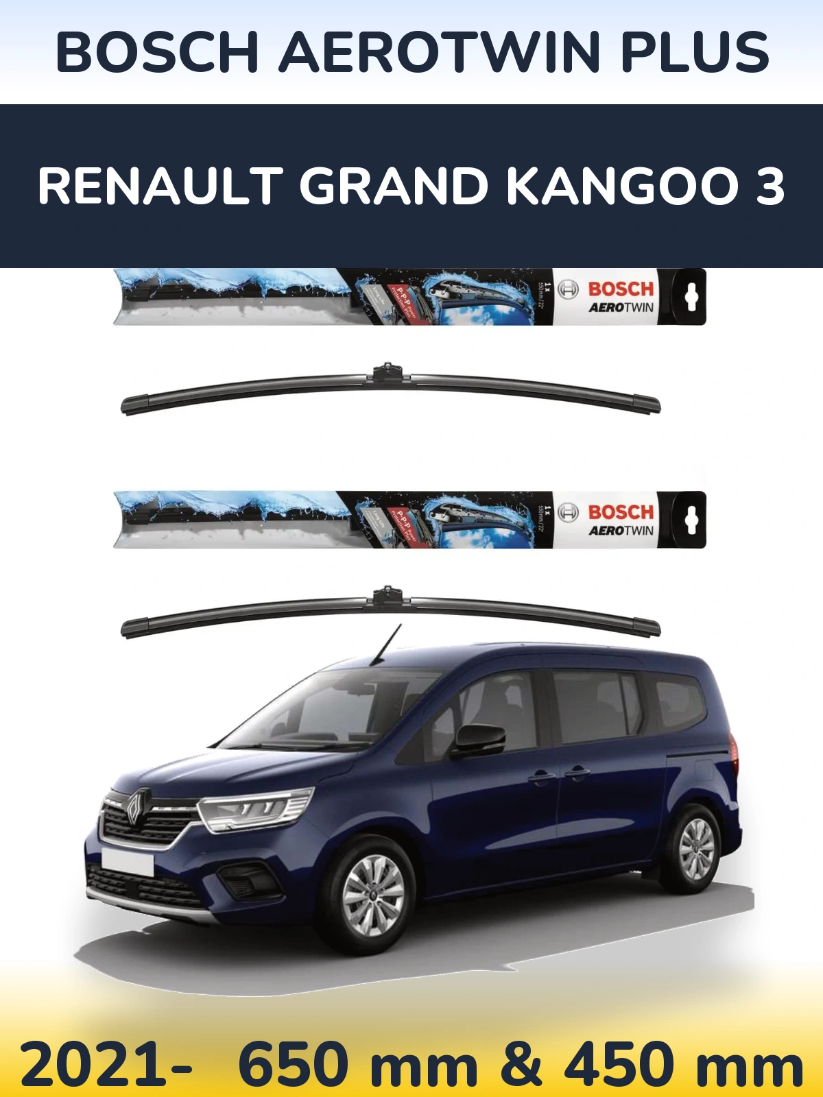Комплект передніх щіток BOSCH AeroTwin Plus 650 & 450 мм для Renault Grand Kangoo 3 2021-2026