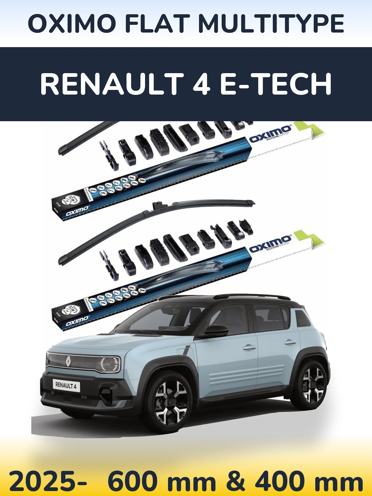 Front wiper blade set Oximo Flat MultiTipse 600 & 400 mm for Renault 4 E-Tech 2025-2026