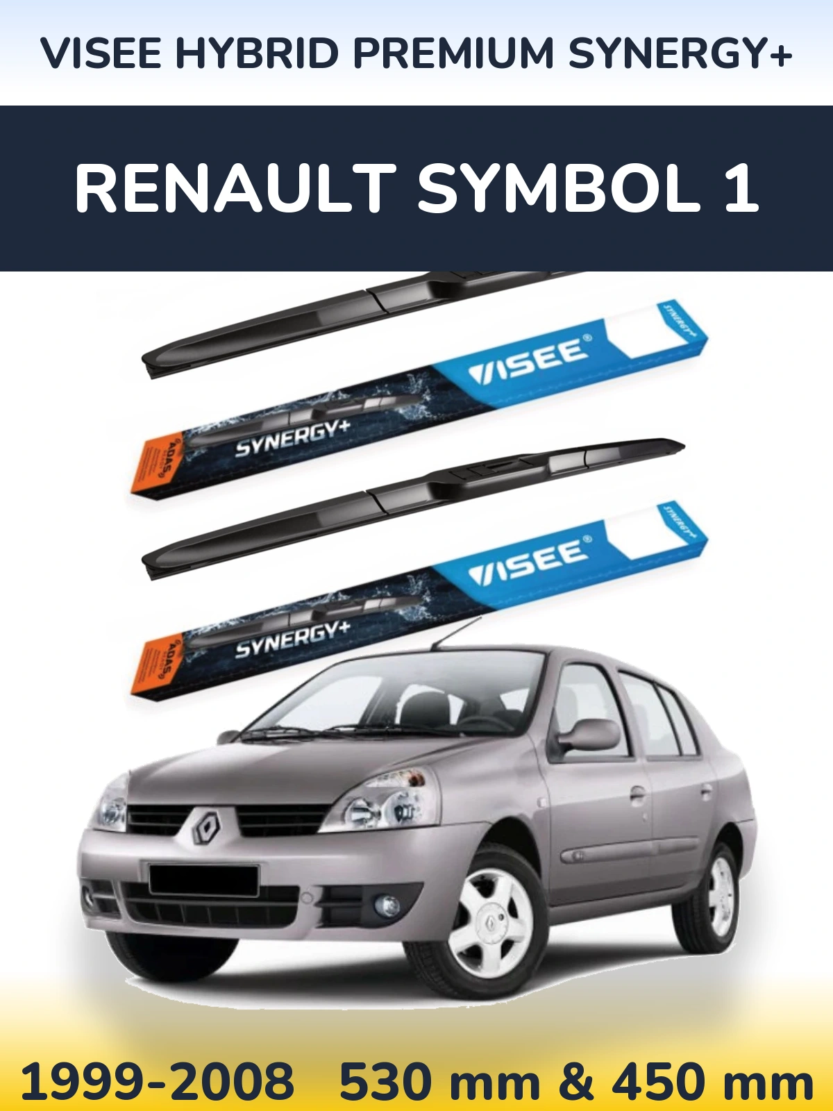 Front wiper blade set VISEE HYBRID PREMIUM SYNERGY+ 530 & 450 mm for Renault Symbol 1 1999-2008