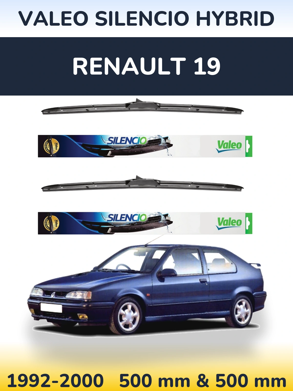 Front wiper blade set Valeo Silencio Hybrid 500 & 500 mm for Renault 19 1992-2000