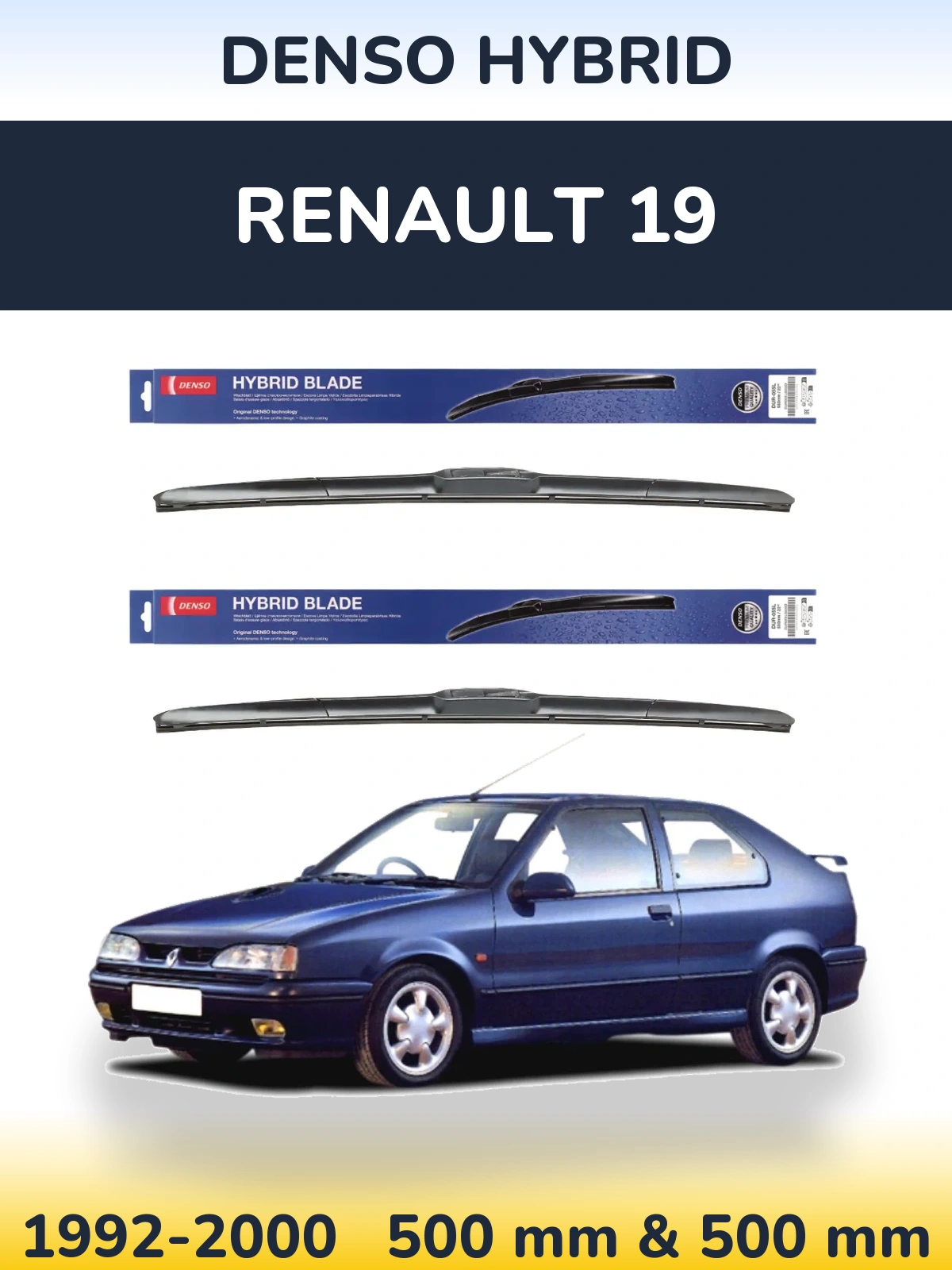 Front wiper blade set Denso Hybrid 500 & 500 mm for Renault 19 1992-2000