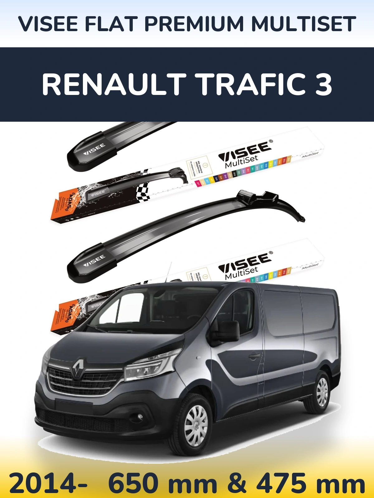 Комплект передніх щіток VISEE FLAT PREMIUM MultiSet 650 & 475 мм для Renault Trafic 3 2014-2026