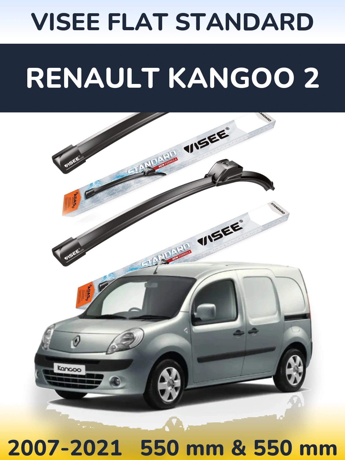 Front wiper blade set VISEE FLAT STANDARD 550 & 550 mm for Renault Kangoo 2 2007-2021