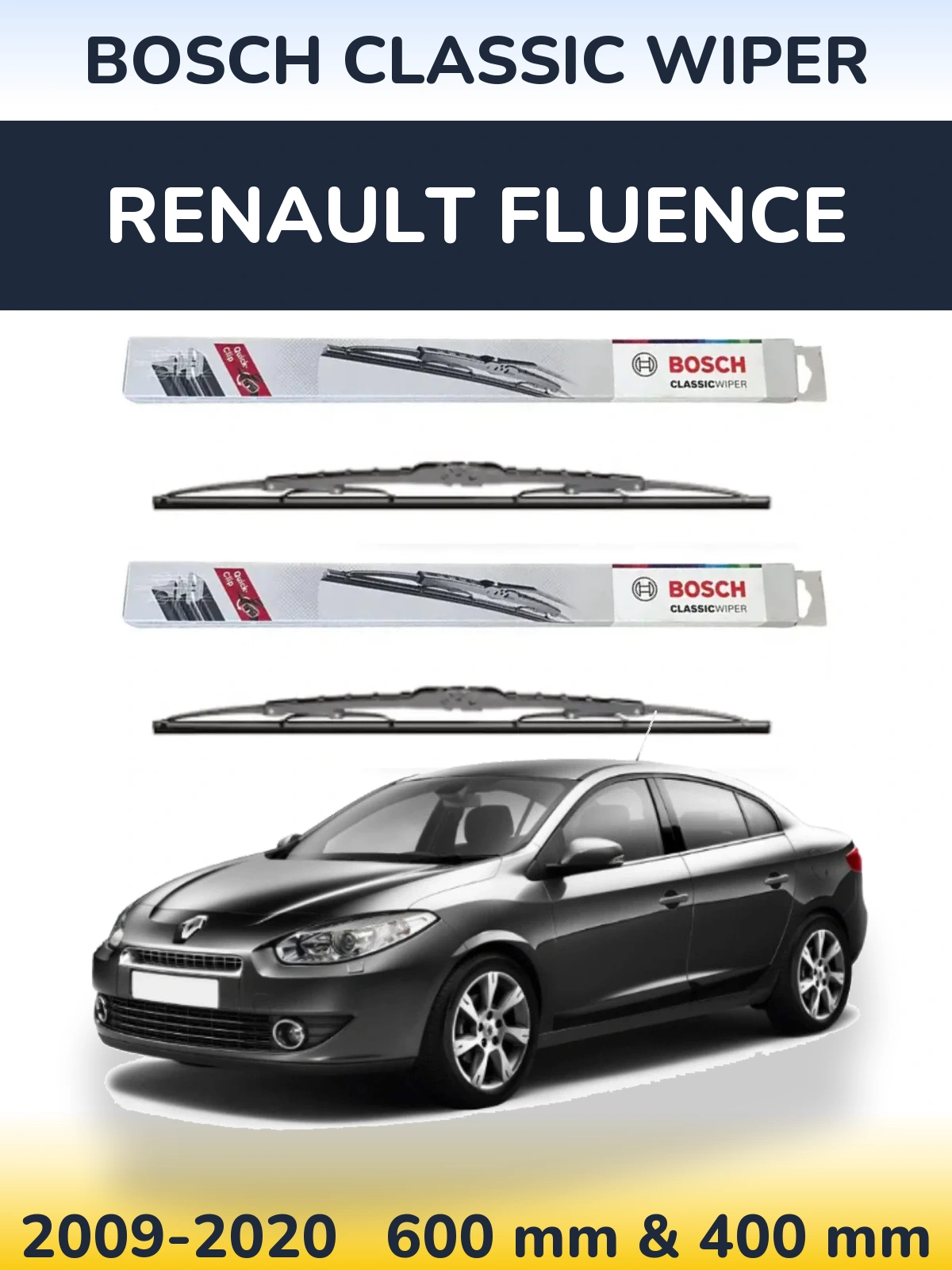 Front wiper blade set BOSCH Classic Wiper 600 & 400 mm for Renault Fluence 2009-2020