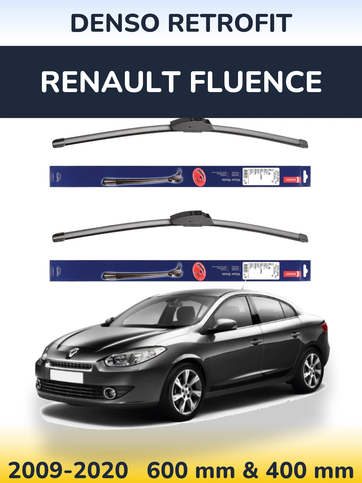 Front wiper blade set Denso Retrofit 600 & 400 mm for Renault Fluence 2009-2020
