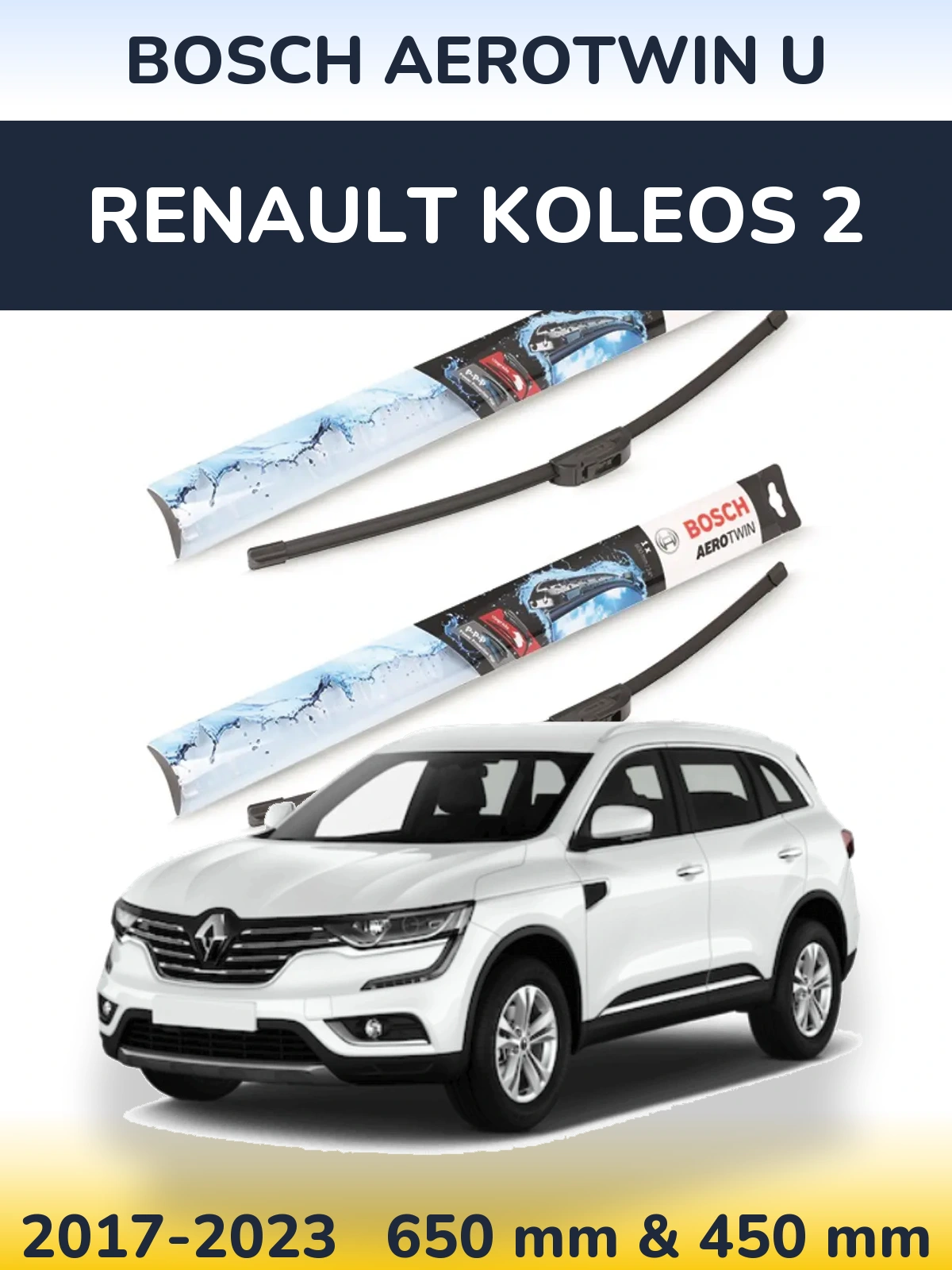 Front wiper blade set BOSCH AeroTwin U 650 & 450 mm for Renault Koleos 2 2017-2023