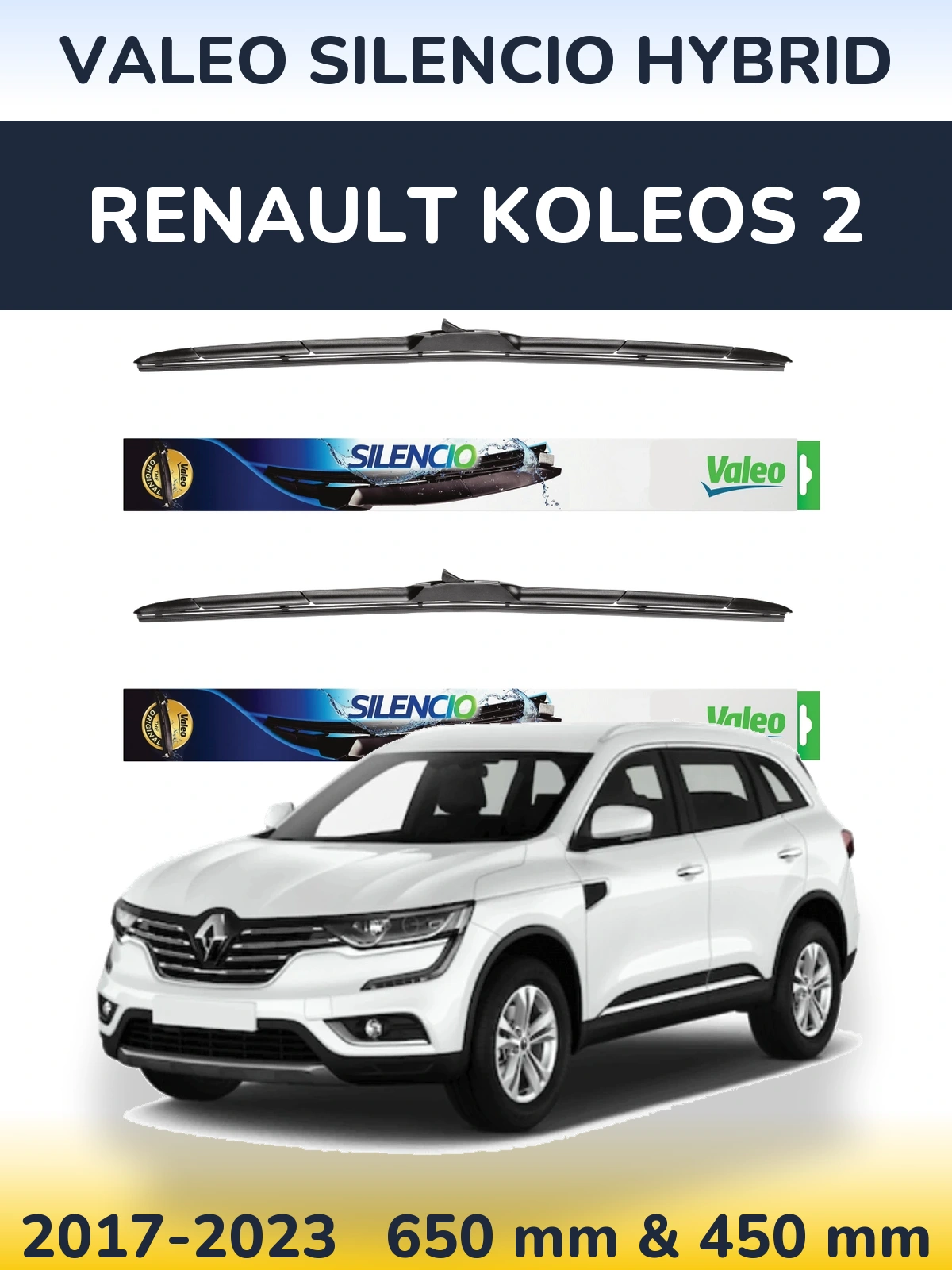 Front wiper blade set Valeo Silencio Hybrid 650 & 450 mm for Renault Koleos 2 2017-2023
