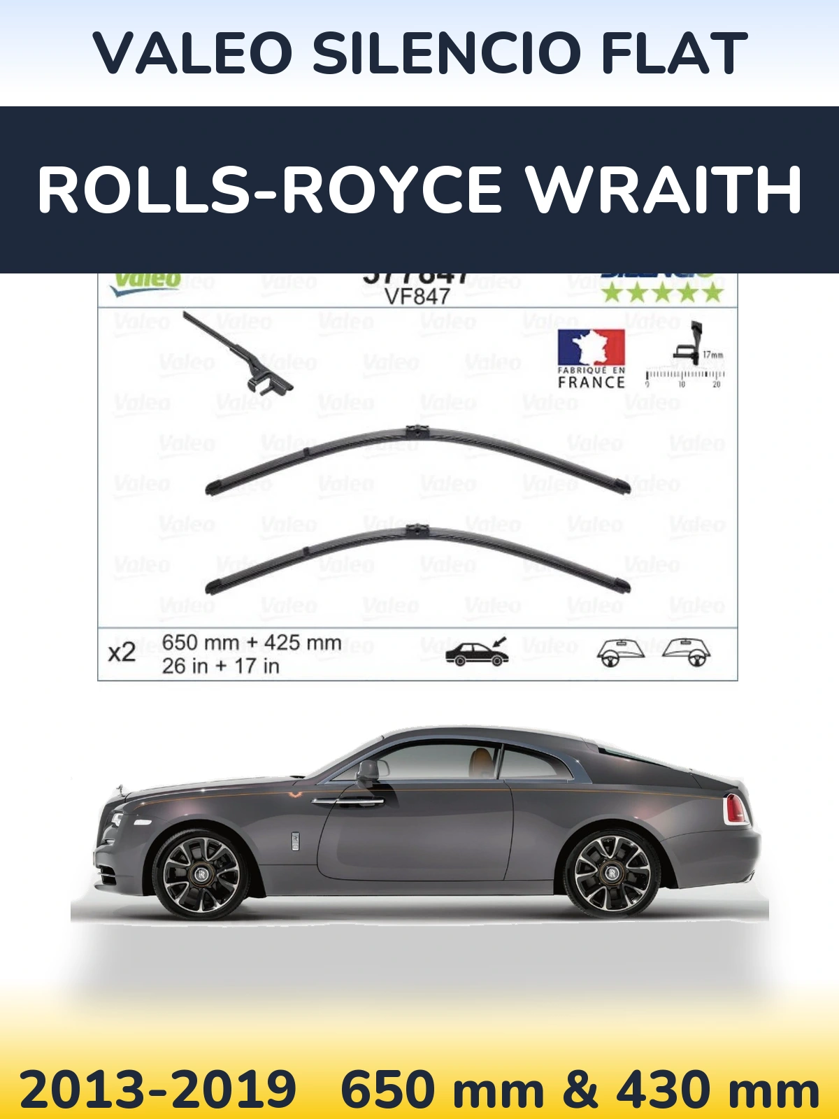 Front wiper blade set Valeo Silencio Flat 650 & 430 mm for Rolls-Royce Wraith 2013-2019