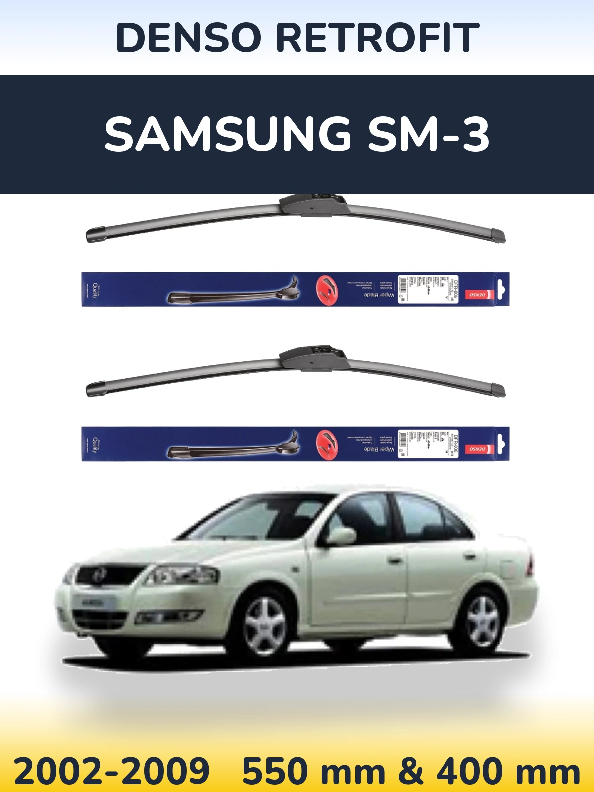 Front wiper blade set Denso Retrofit 550 & 400 mm for Samsung SM-3 2002-2009