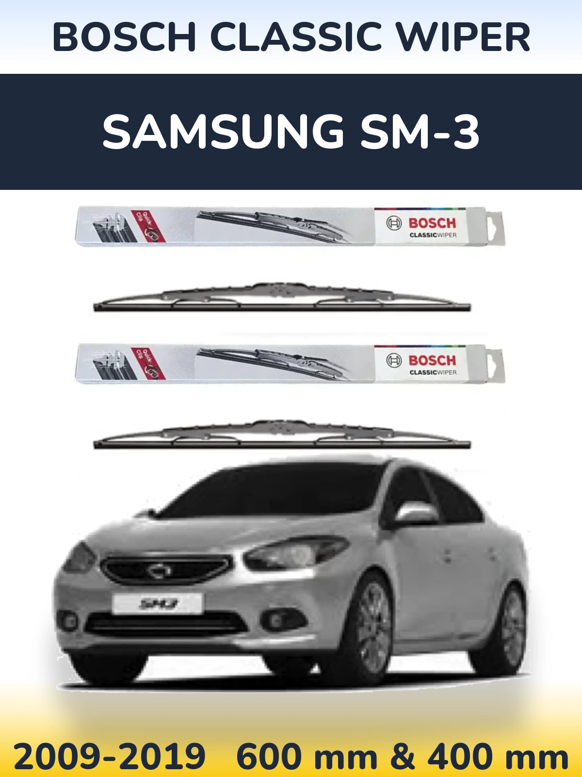Front wiper blade set BOSCH Classic Wiper 600 & 400 mm for Samsung SM-3 2009-2019