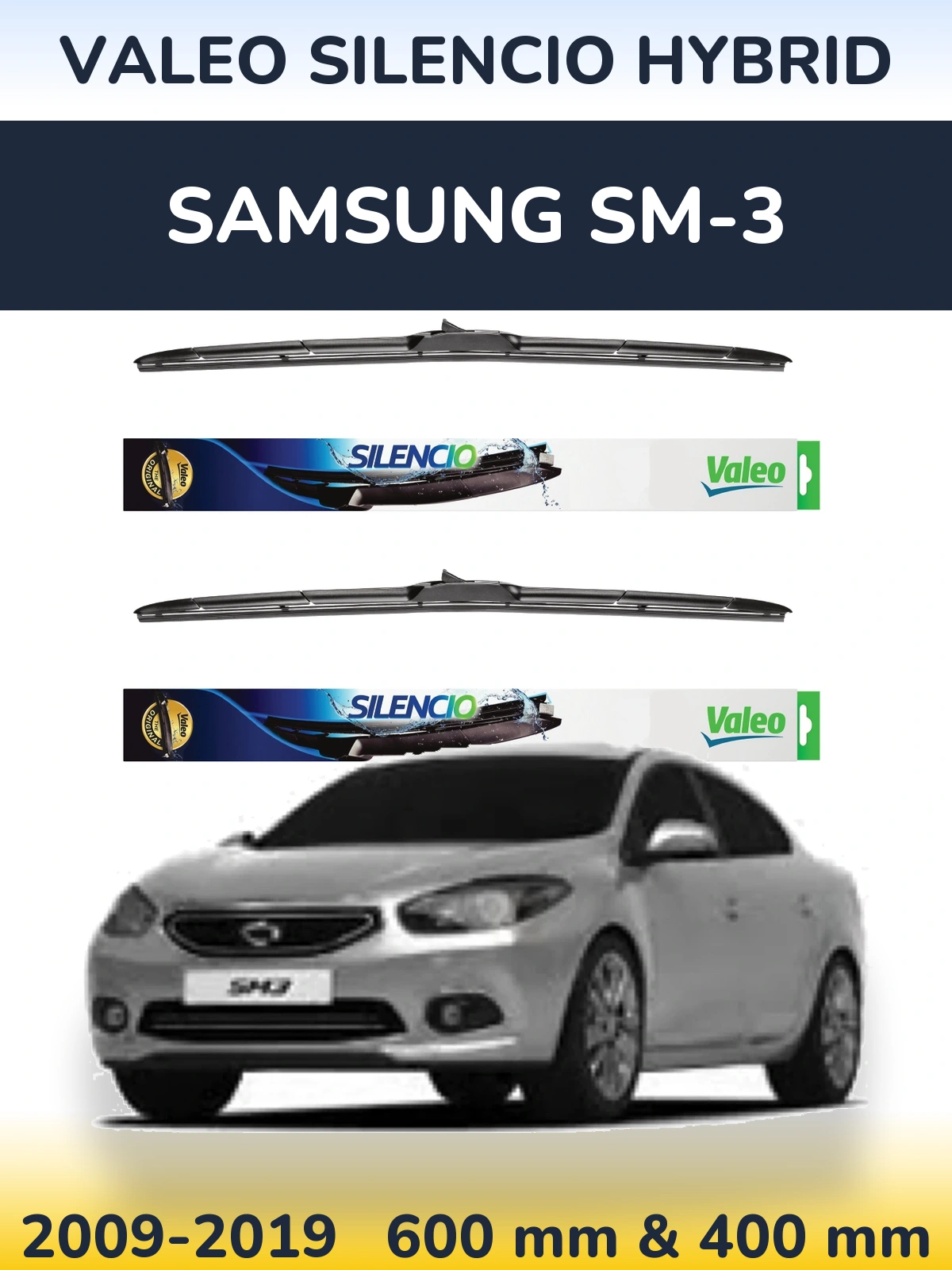 Front wiper blade set Valeo Silencio Hybrid 600 & 400 mm for Samsung SM-3 2009-2019