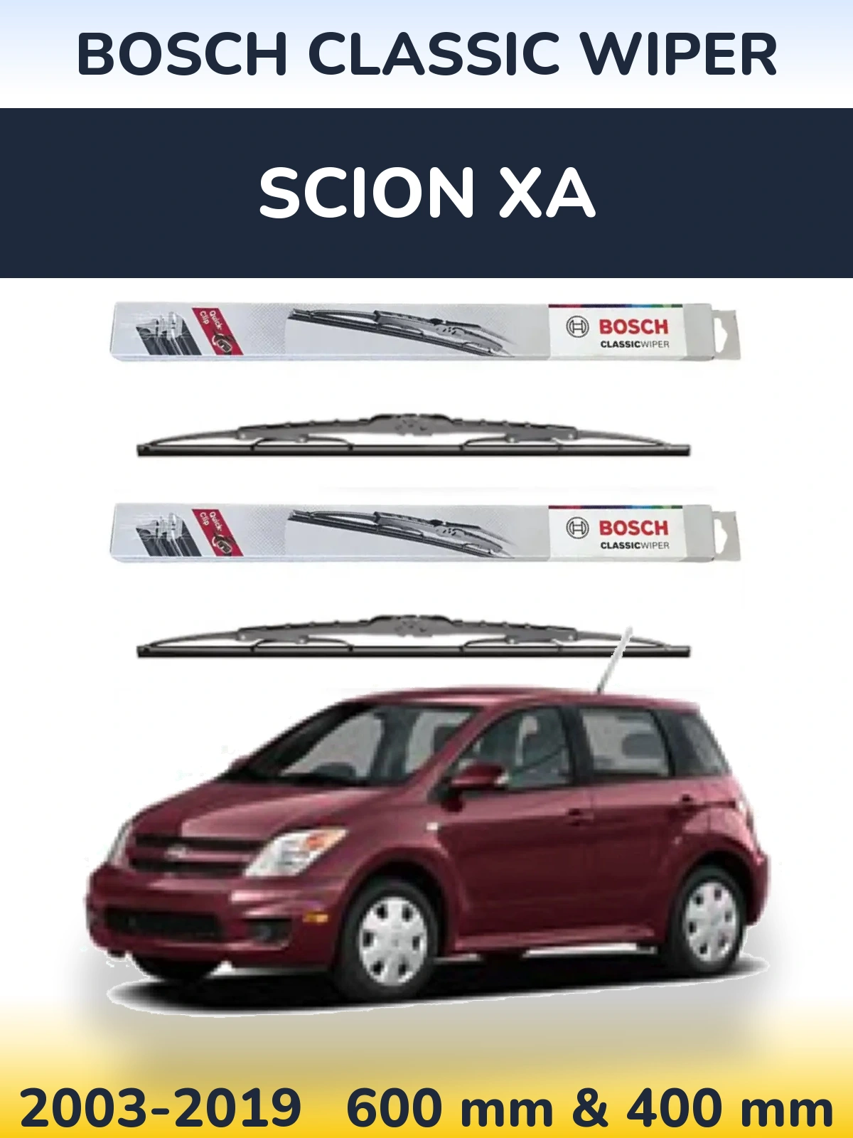 Front wiper blade set BOSCH Classic Wiper 600 & 400 mm for Scion xA 2003-2019