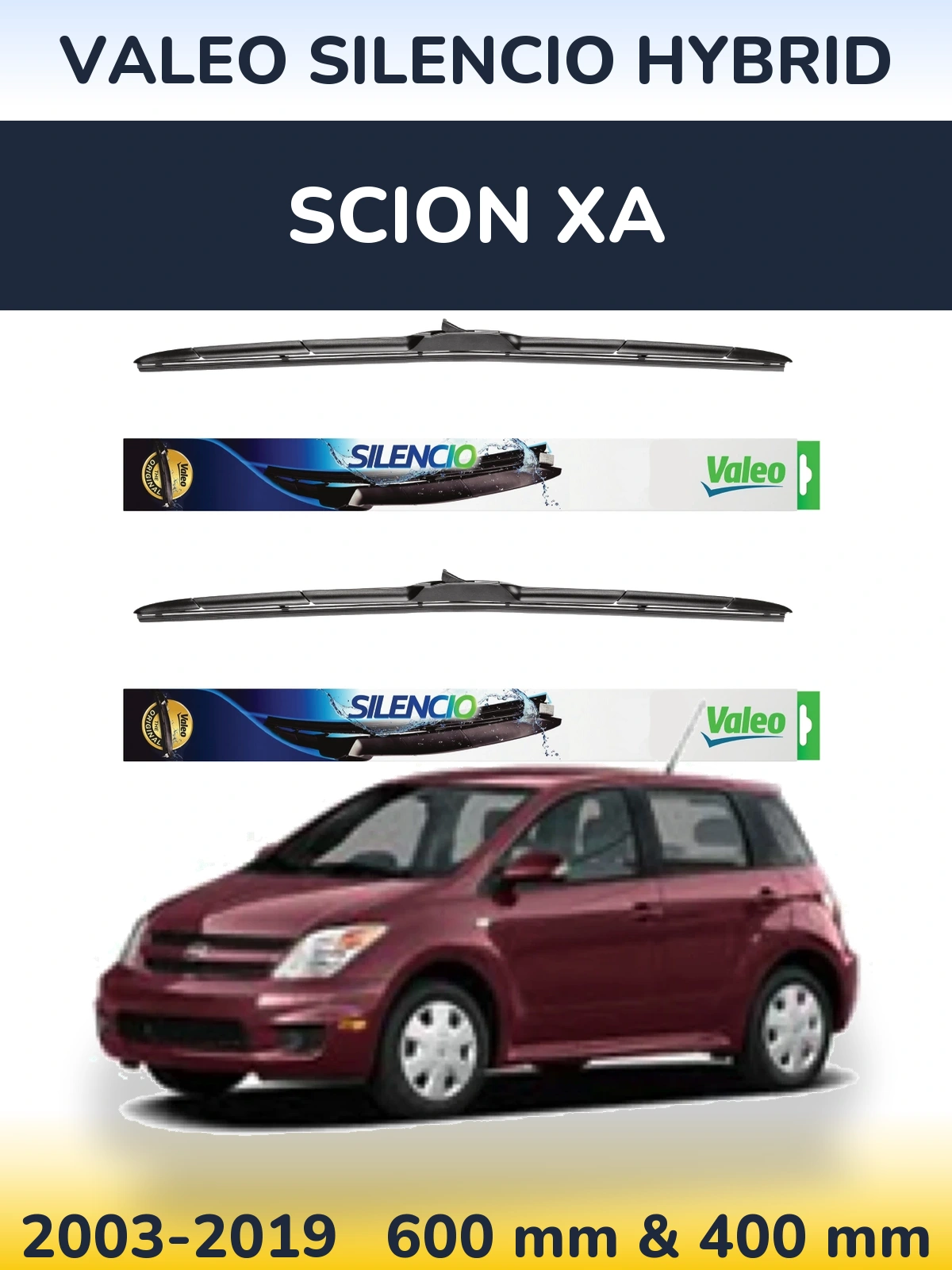 Front wiper blade set Valeo Silencio Hybrid 600 & 400 mm for Scion xA 2003-2019