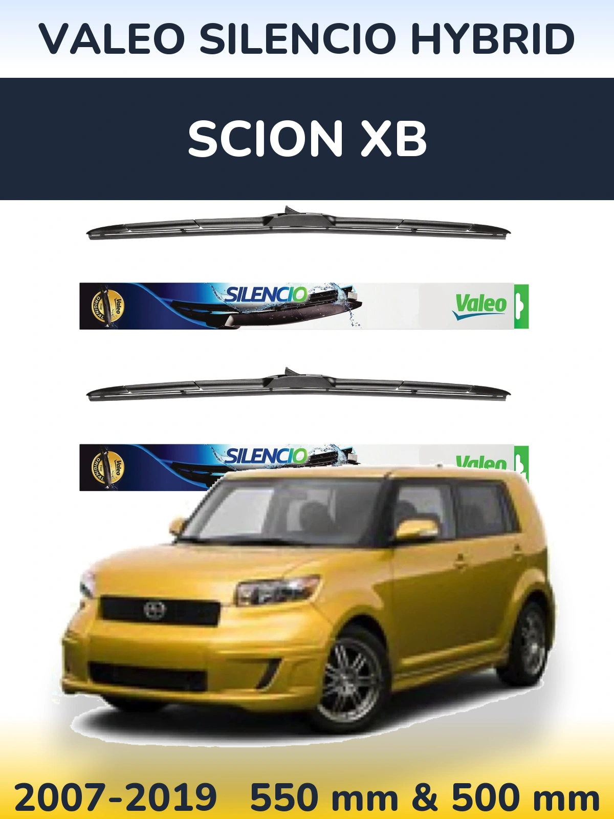 Front wiper blade set Valeo Silencio Hybrid 550 & 500 mm for Scion xB 2007-2019