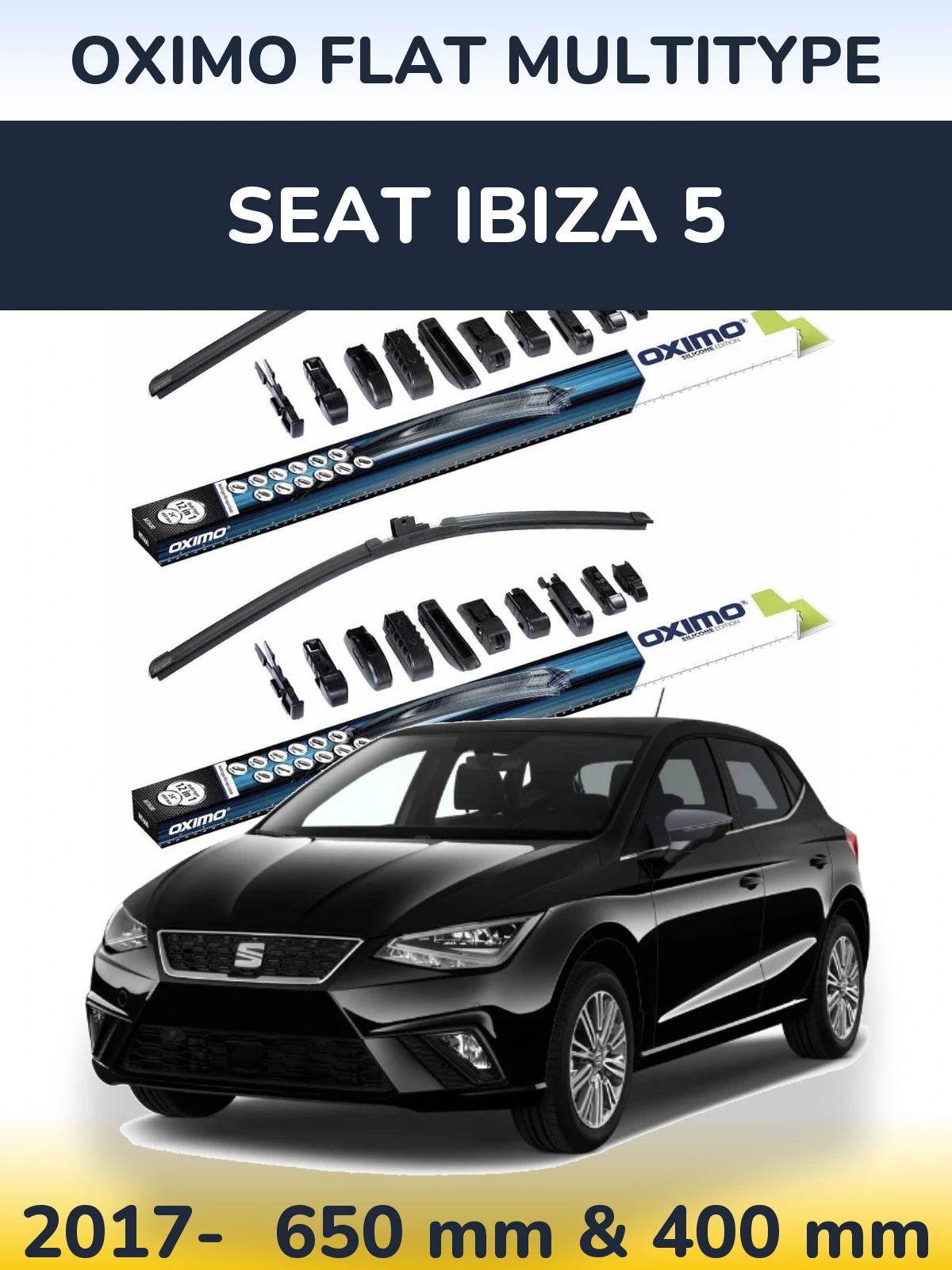 Front wiper blade set Oximo Flat MultiTipse 650 & 400 mm for SEAT Ibiza 5 2017-2026