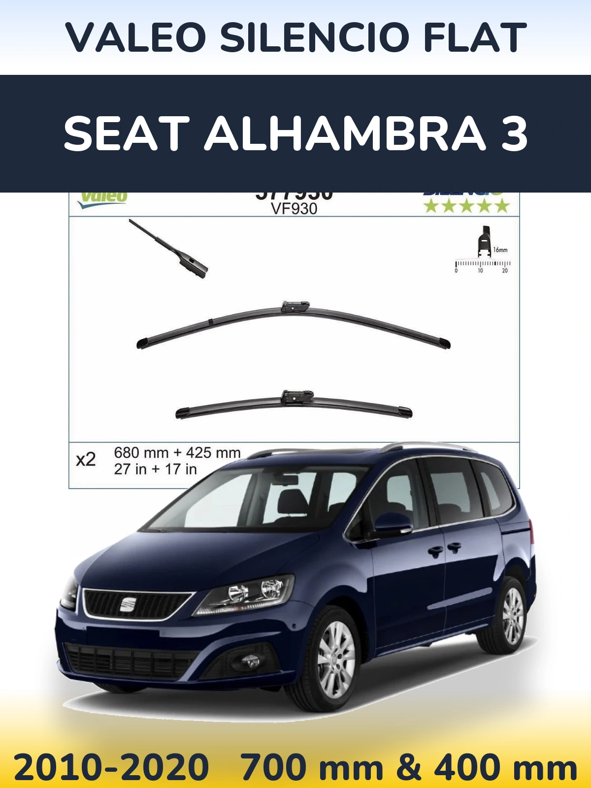 Front wiper blade set Valeo Silencio Flat 680 & 400 mm for SEAT Alhambra 3 2010-2020
