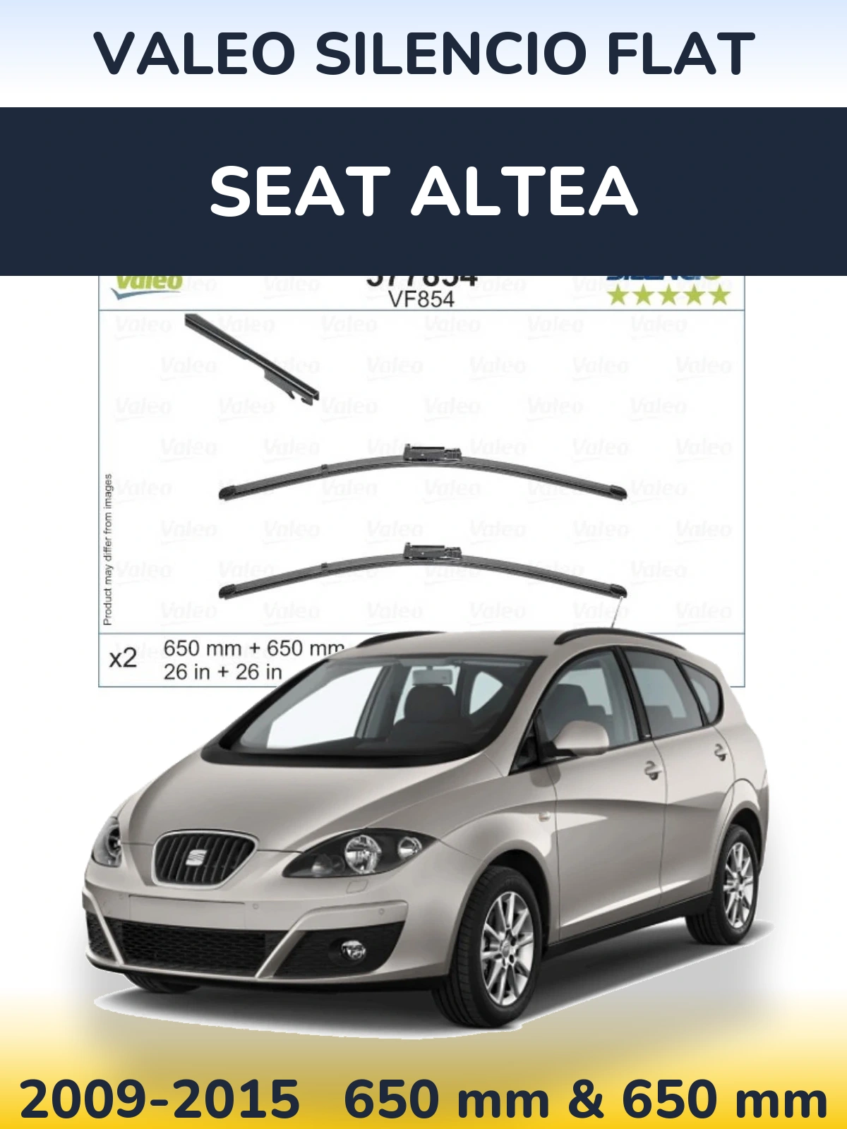 Front wiper blade set Valeo Silencio Flat 650 & 650 mm for SEAT Altea 2009-2015