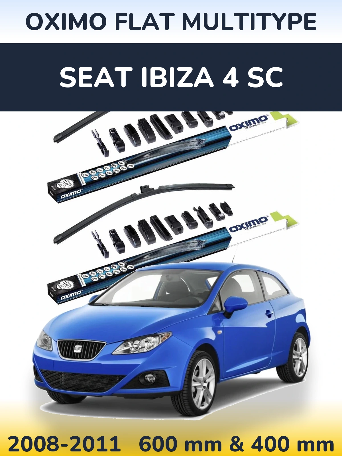 Front wiper blade set Oximo Flat MultiTipse 600 & 400 mm for SEAT Ibiza 4 SC 2008-2011