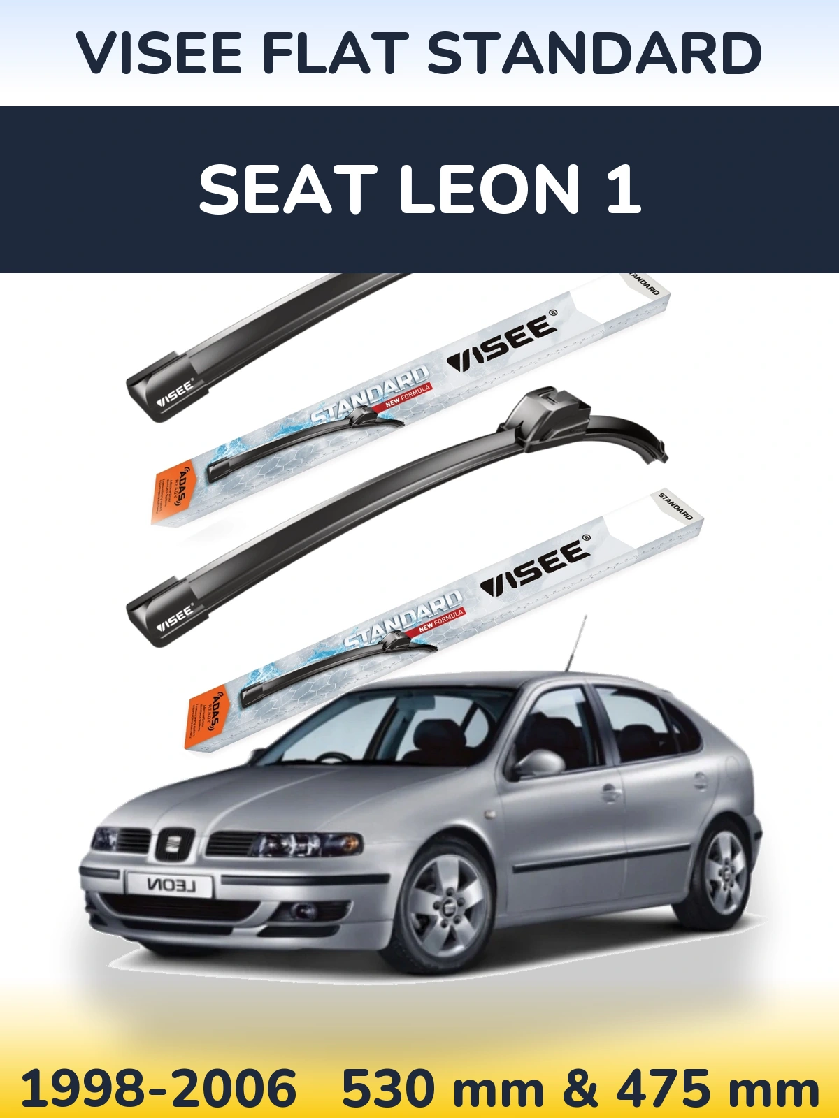 Front wiper blade set VISEE FLAT STANDARD 530 & 475 mm for SEAT Leon 1 1998-2006