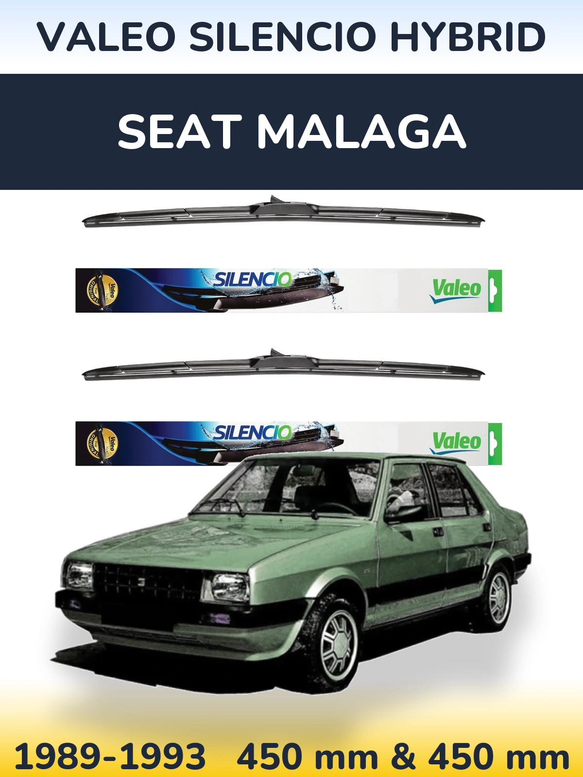 Front wiper blade set Valeo Silencio Hybrid 450 & 450 mm for SEAT Malaga 1989-1993