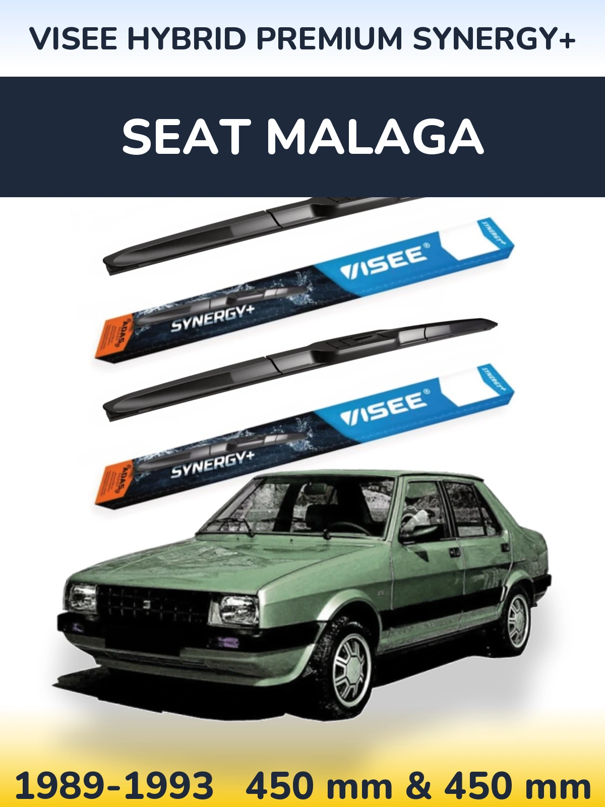 Front wiper blade set VISEE HYBRID PREMIUM SYNERGY+ 450 & 450 mm for SEAT Malaga 1989-1993
