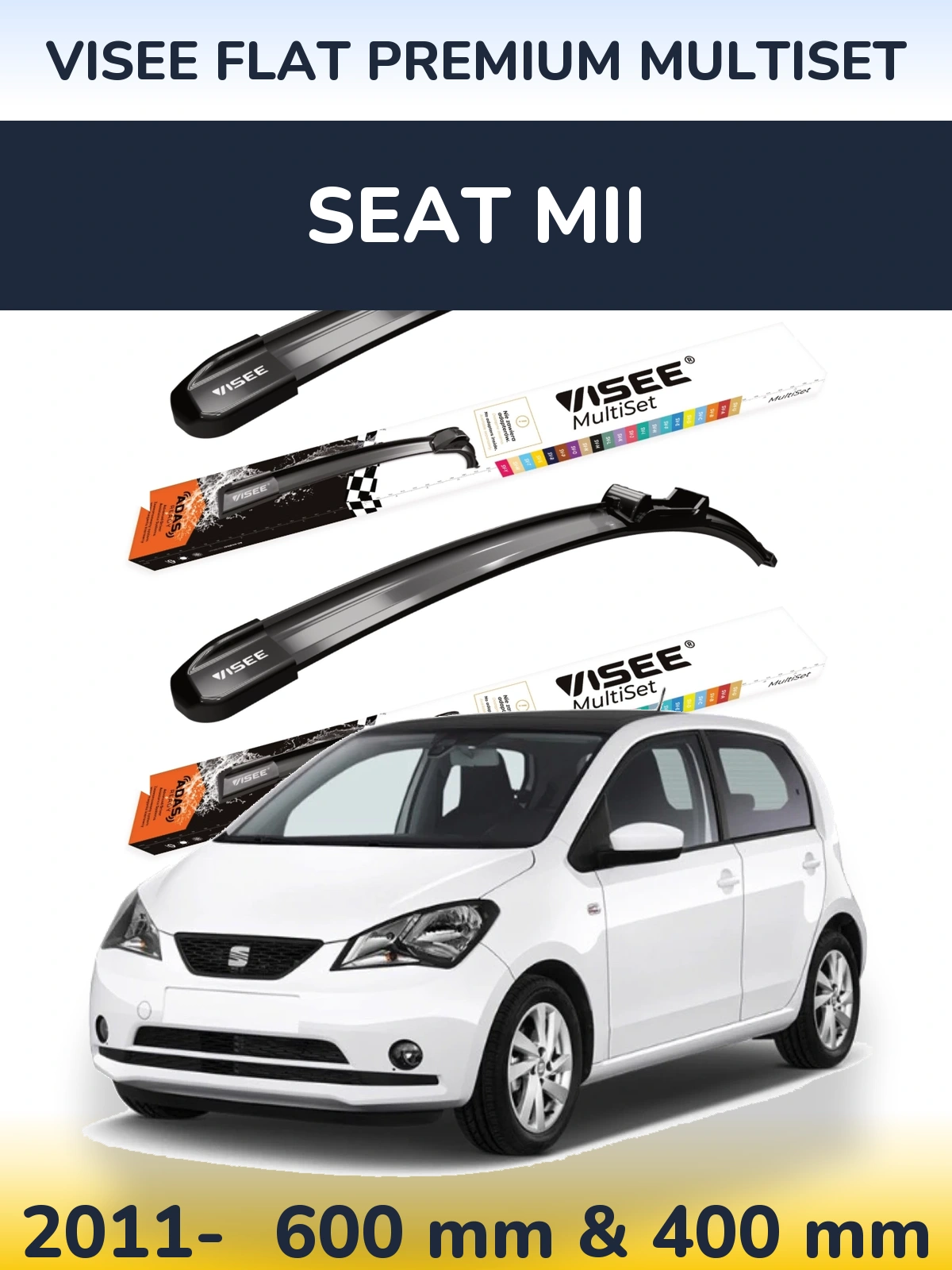 Комплект передніх щіток VISEE FLAT PREMIUM MultiSet 600 & 400 мм для SEAT Mii 2011-2026