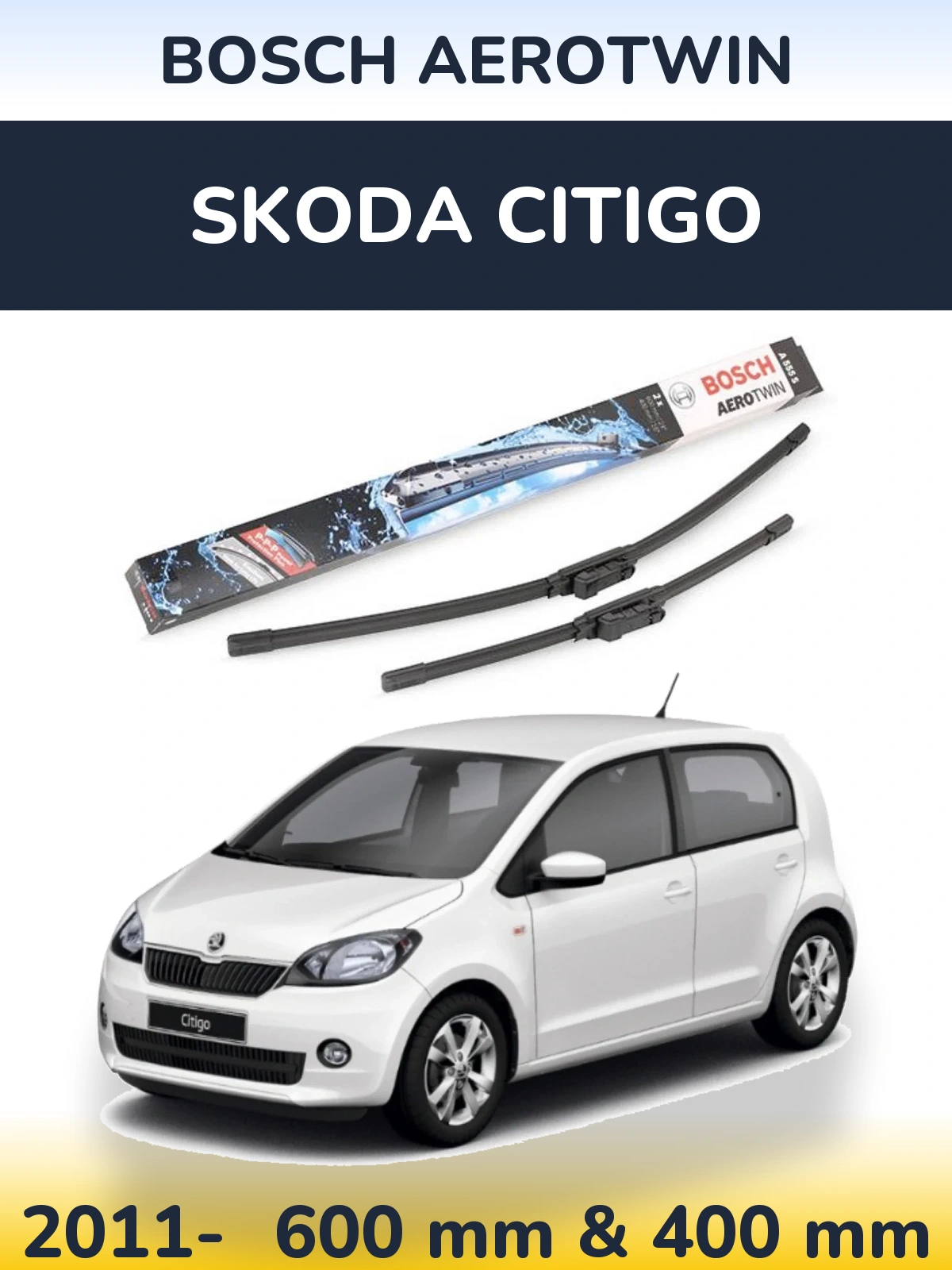 Комплект передніх щіток BOSCH AeroTwin 600 & 400 мм для Skoda Citigo 2011-2026