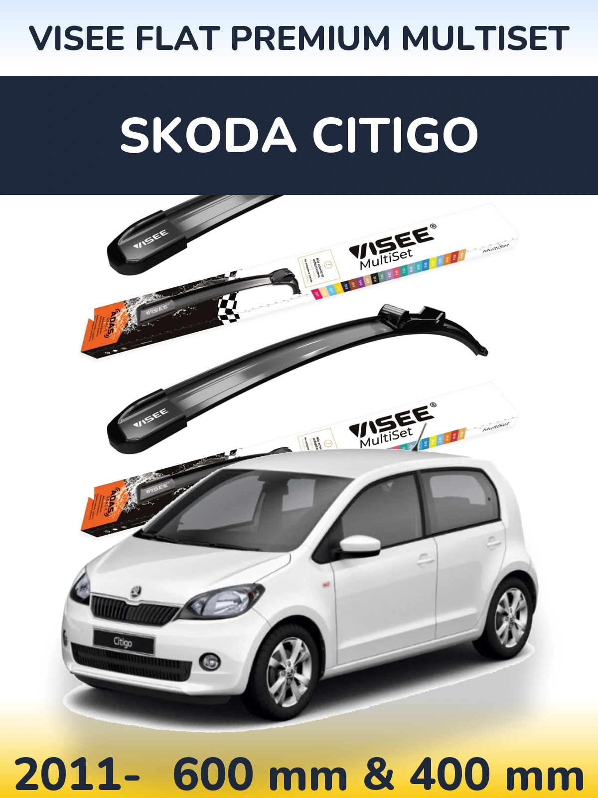 Front wiper blade set VISEE FLAT PREMIUM MultiSet 600 & 400 mm for Skoda Citigo 2011-2026