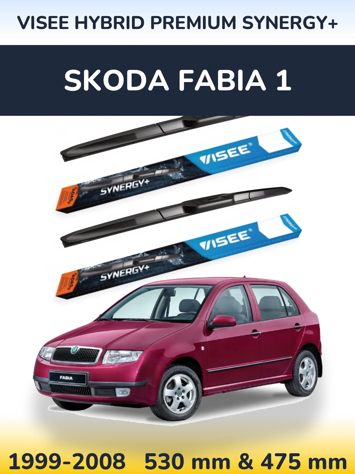 Front wiper blade set VISEE HYBRID PREMIUM SYNERGY+ 530 & 475 mm for Skoda Fabia 1 1999-2008