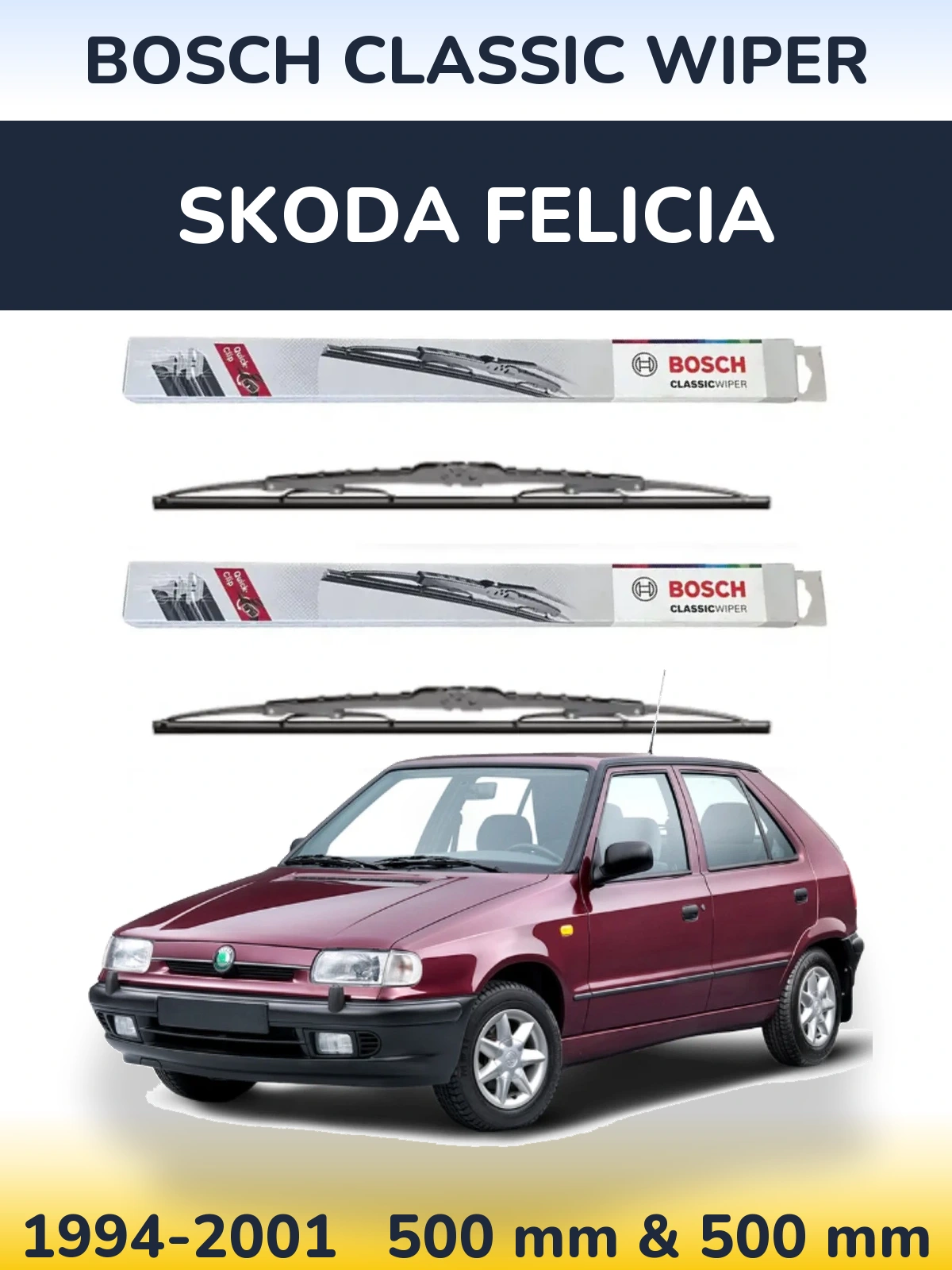 Front wiper blade set BOSCH Classic Wiper 500 & 500 mm for Skoda Felicia 1994-2001