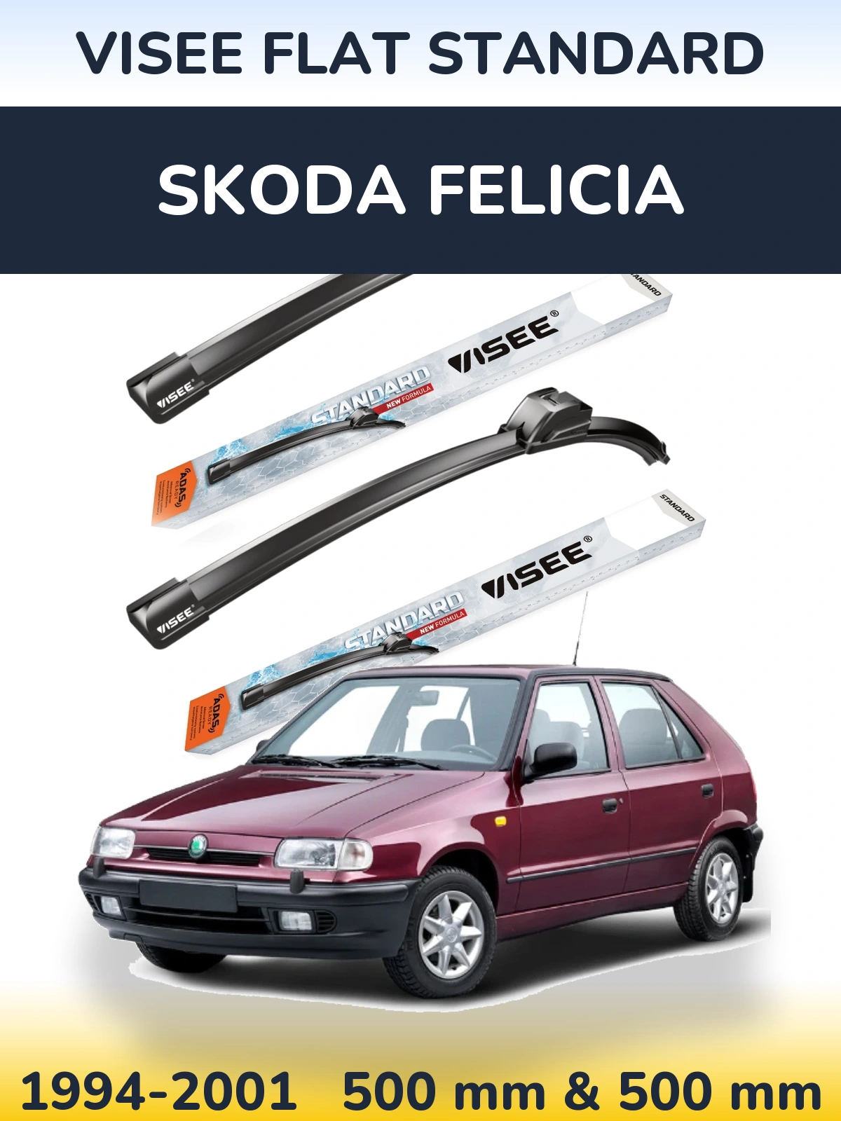 Front wiper blade set VISEE FLAT STANDARD 500 & 500 mm for Skoda Felicia 1994-2001