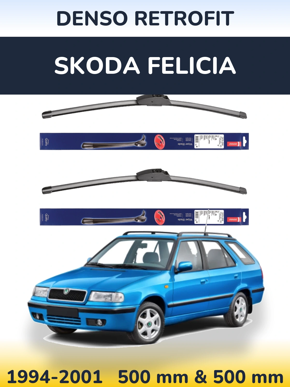 Front wiper blade set Denso Retrofit 500 & 500 mm for Skoda Felicia 1994-2001