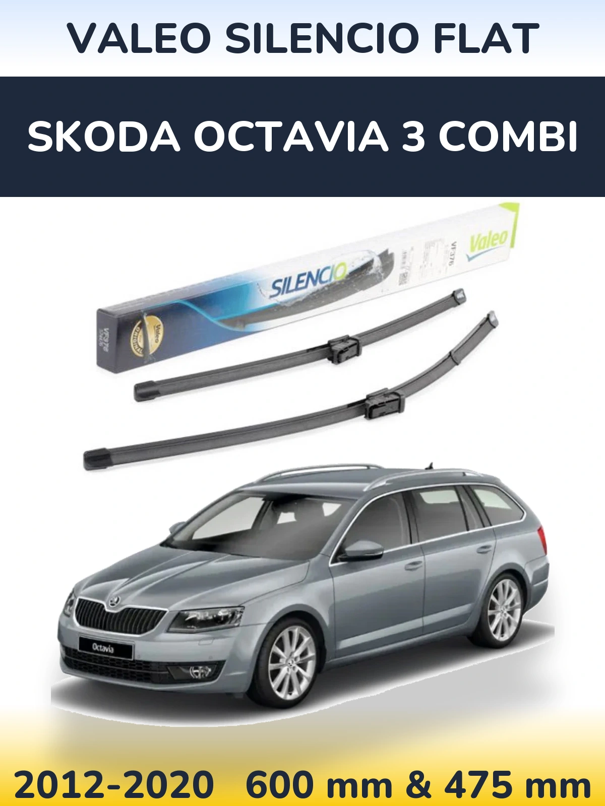 Front wiper blade set Valeo Silencio Flat 600 & 475 mm for Skoda Octavia 3 Combi 2012-2020