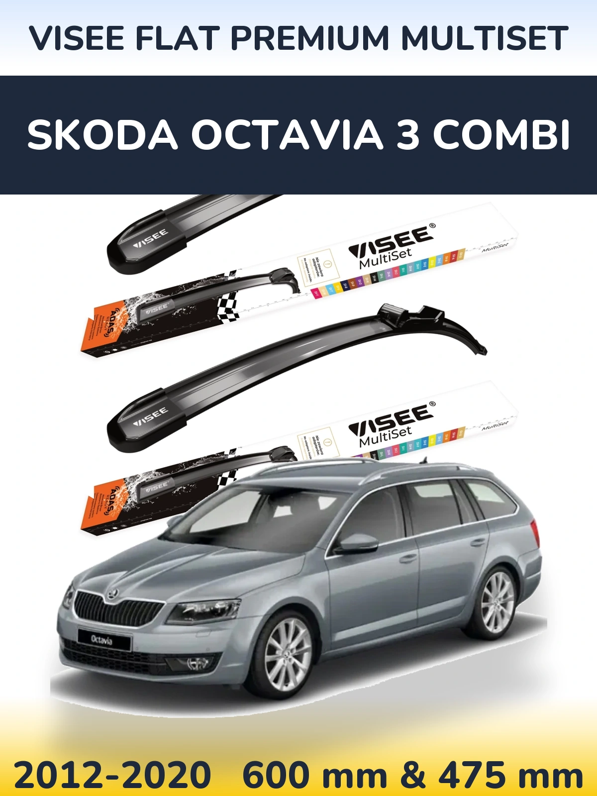 Front wiper blade set VISEE FLAT PREMIUM MultiSet 600 & 475 mm for Skoda Octavia 3 Combi 2012-2020