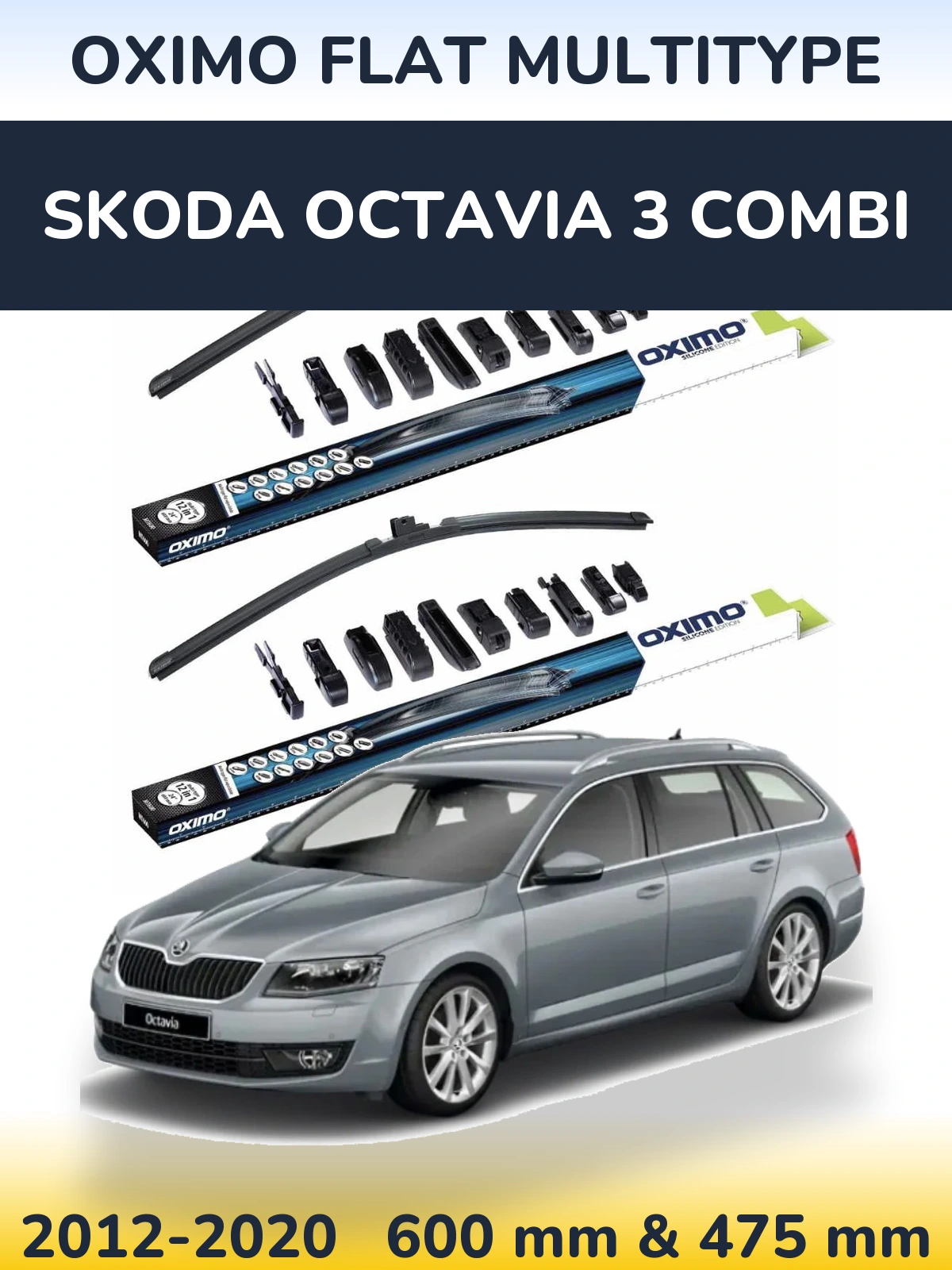 Front wiper blade set Oximo Flat MultiTipse 600 & 475 mm for Skoda Octavia 3 Combi 2012-2020