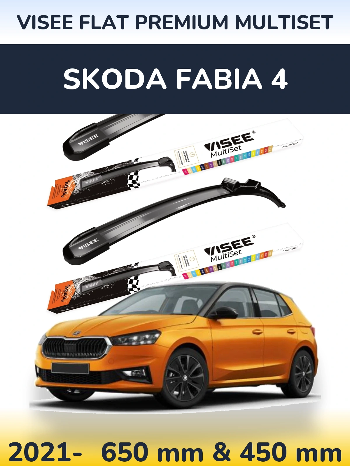 Комплект передних дворников VISEE FLAT PREMIUM MultiSet 650 & 450 мм для Skoda Fabia 4 2021-2026