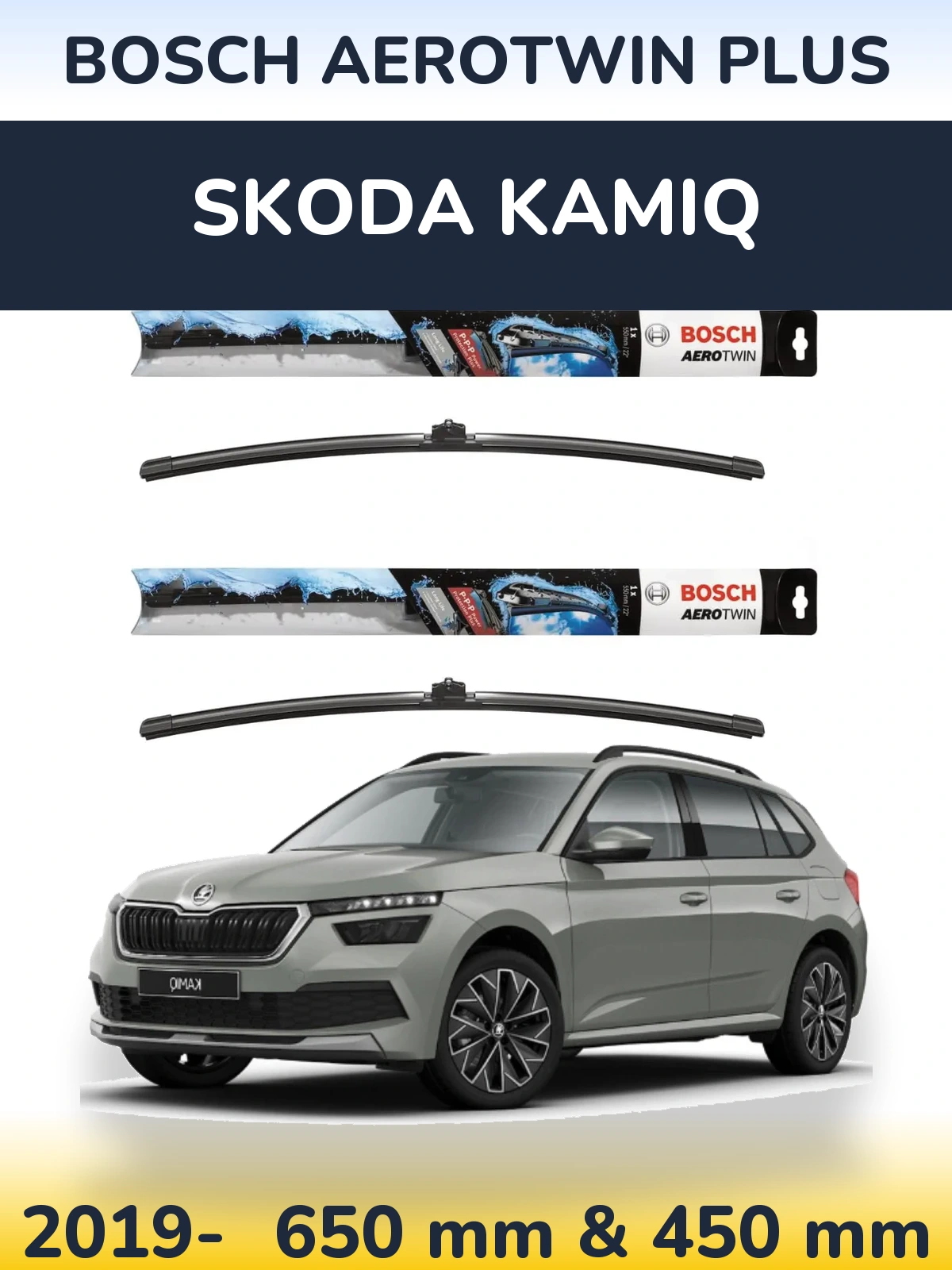 Front wiper blade set BOSCH AeroTwin Plus 650 & 450 mm for Skoda Kamiq 2019-2026