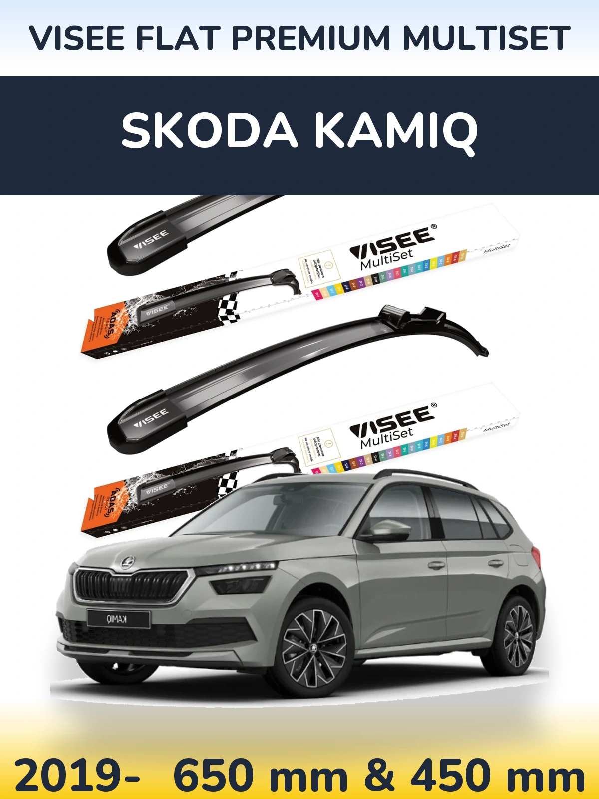 Front wiper blade set VISEE FLAT PREMIUM MultiSet 650 & 450 mm for Skoda Kamiq 2019-2026