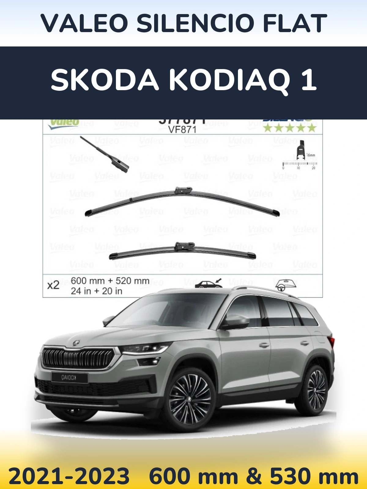 Комплект передніх щіток Valeo Silencio Flat 600 & 520 мм для Skoda Kodiaq 1 2021-2023
