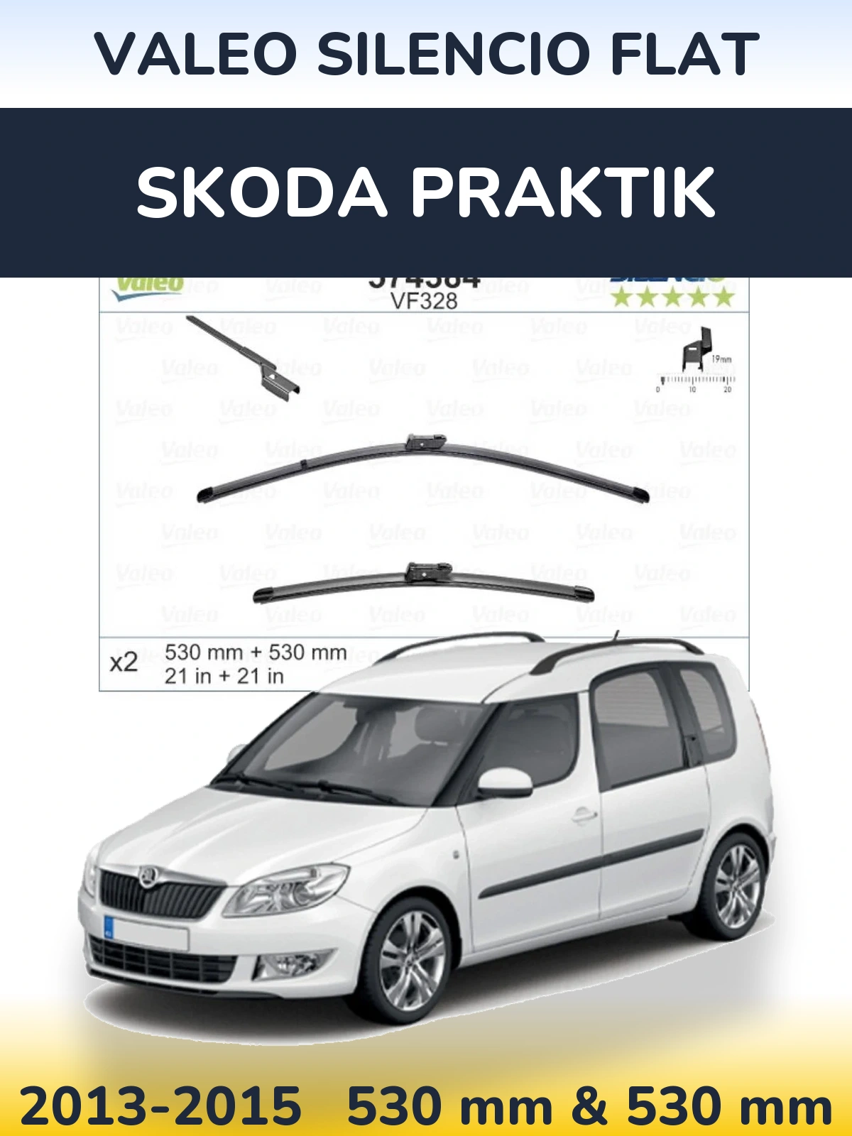 Front wiper blade set Valeo Silencio Flat 530 & 520 mm for Skoda Praktik 2013-2015