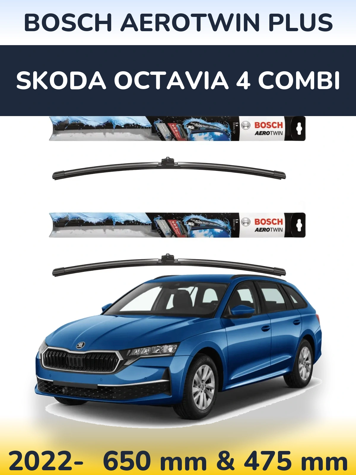 Front wiper blade set BOSCH AeroTwin Plus 650 & 475 mm for Skoda Octavia 4 Combi 2022-2026