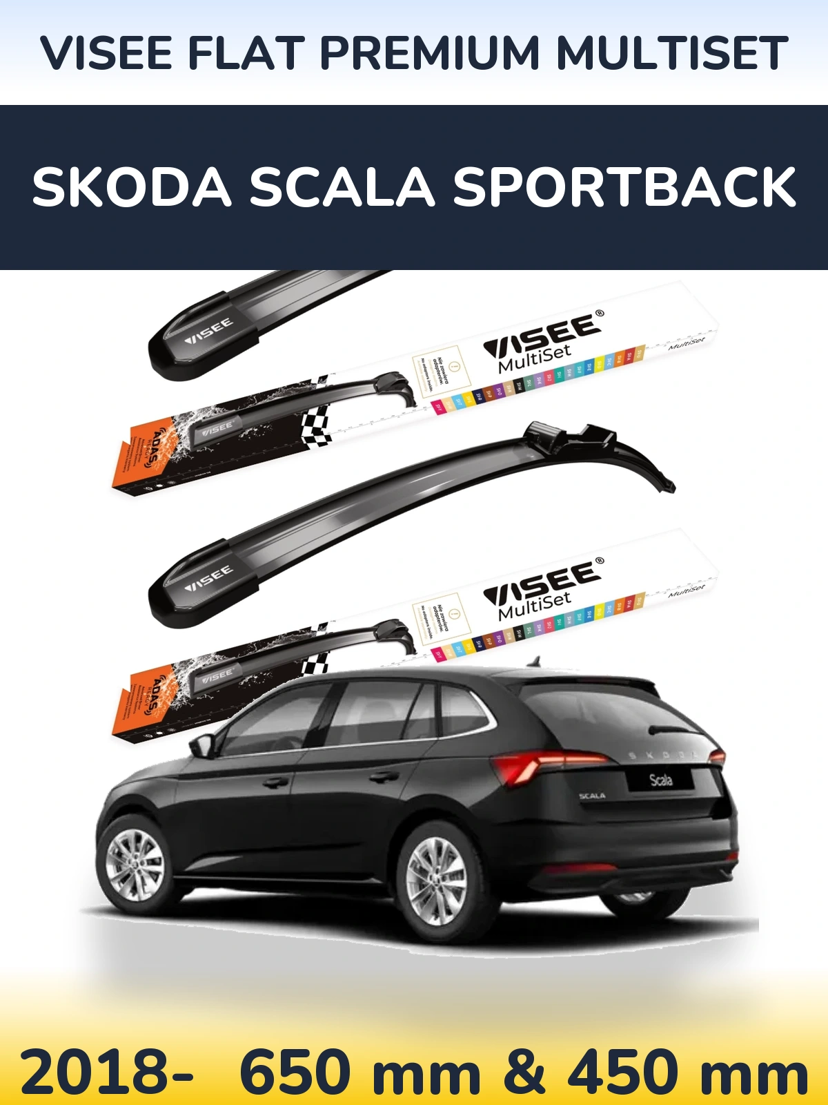 Комплект передніх щіток VISEE FLAT PREMIUM MultiSet 650 & 450 мм для Skoda Scala Sportback 2018-2026
