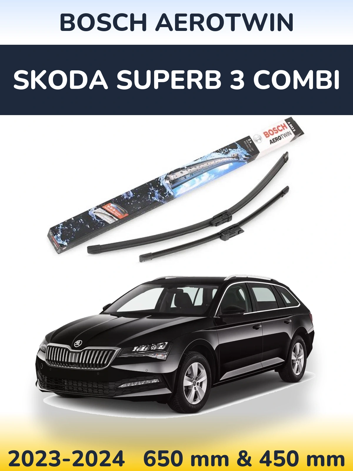 Комплект передніх щіток BOSCH AeroTwin 650 & 450 мм для Skoda Superb 3 Combi 2023-2024