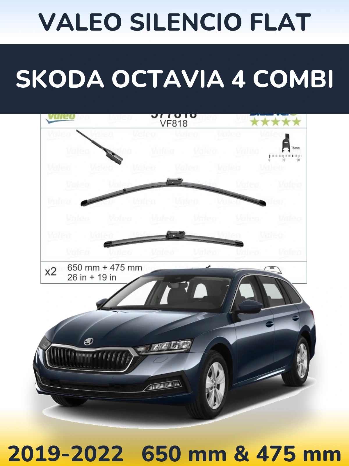 Front wiper blade set Valeo Silencio Flat 650 & 475 mm for Skoda Octavia 4 Combi 2019-2022